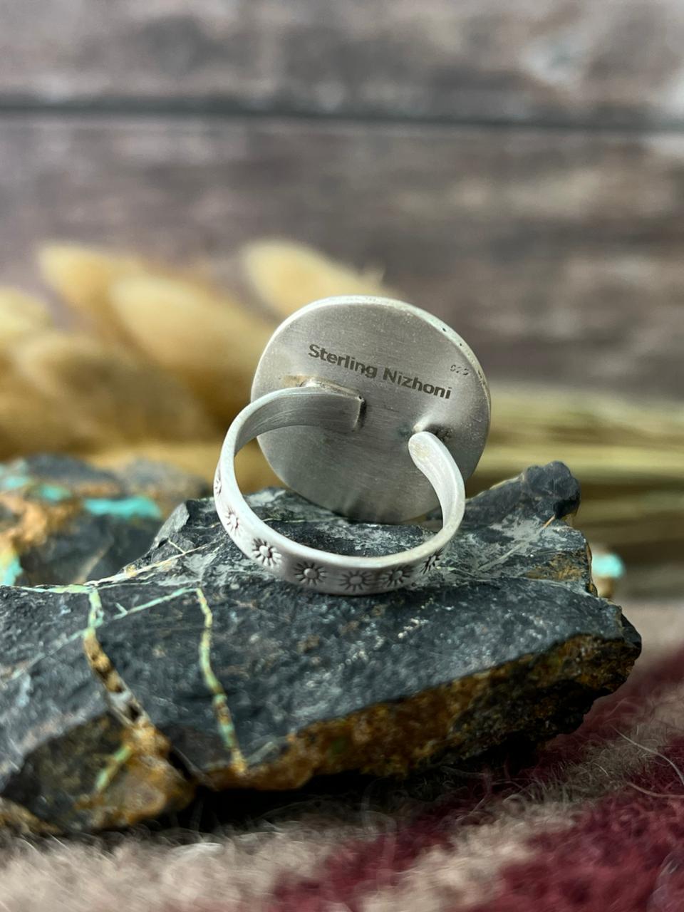 Handmade Sterling Silver Number 8 Turquoise Adjusatble Ring "Signed Nizhoni"