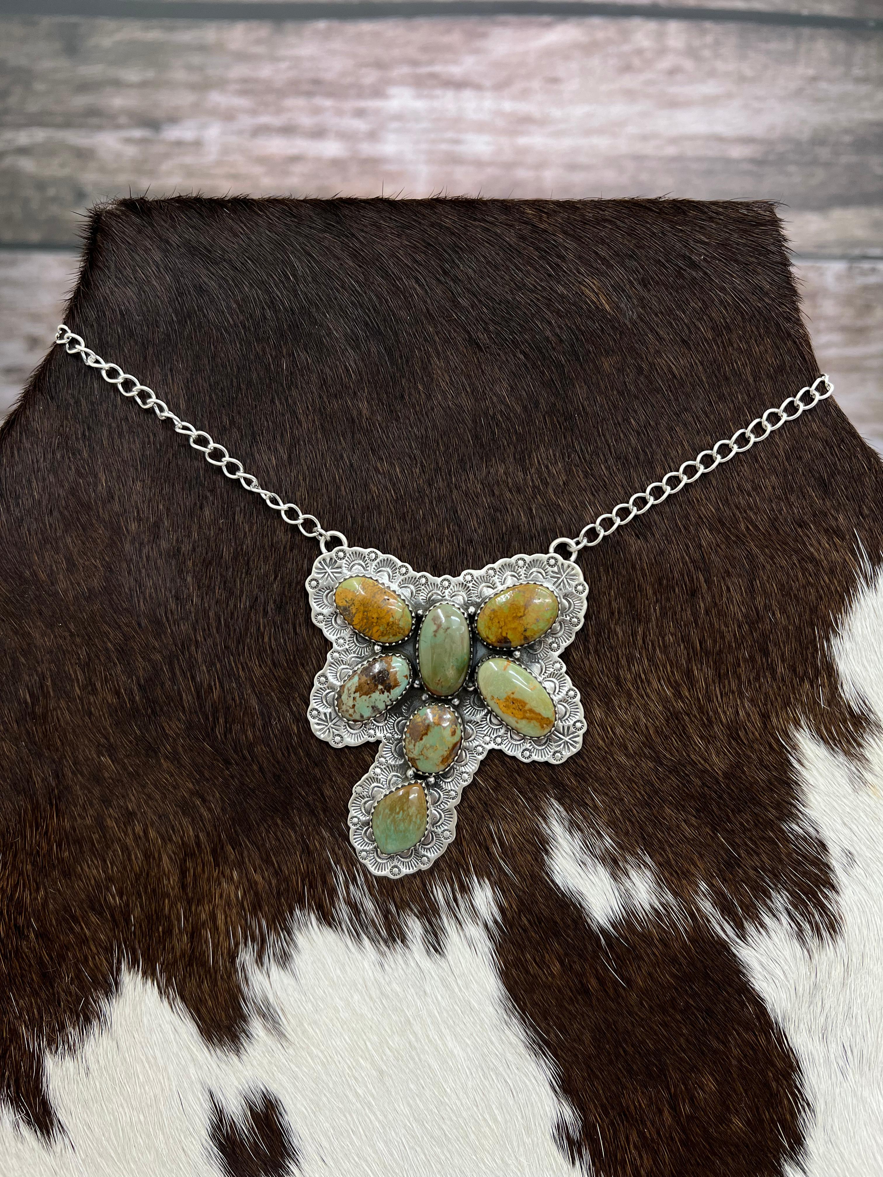 Handmade Sterling Silver Old Stock Royston Turquoise Butterfly Necklace Signed Nizhoni