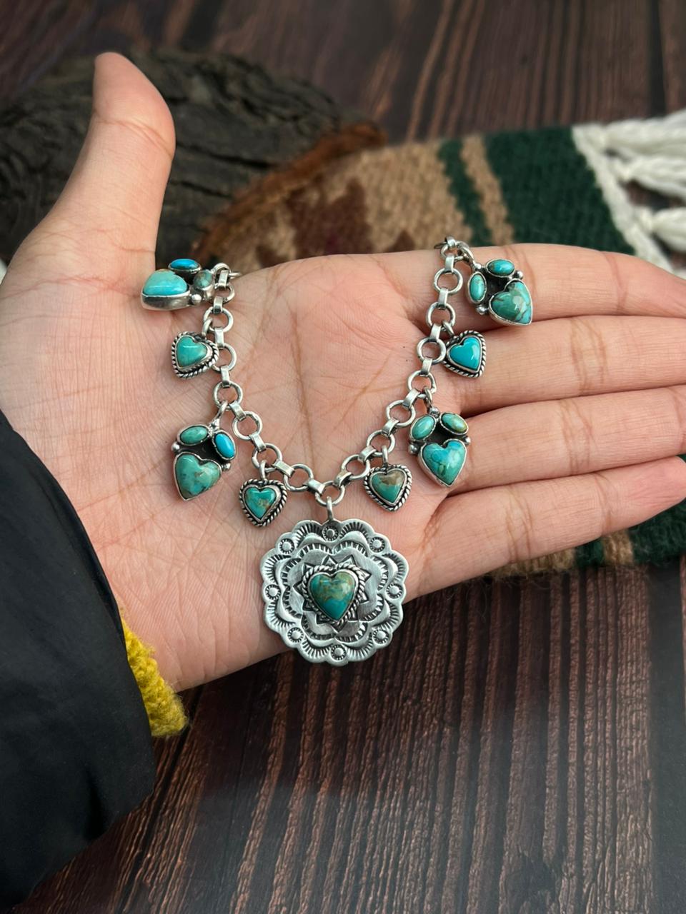 "Heart Collection" Handmade Sterling Silver Kingman Turquoise Necklace "Signed Nizhoni"