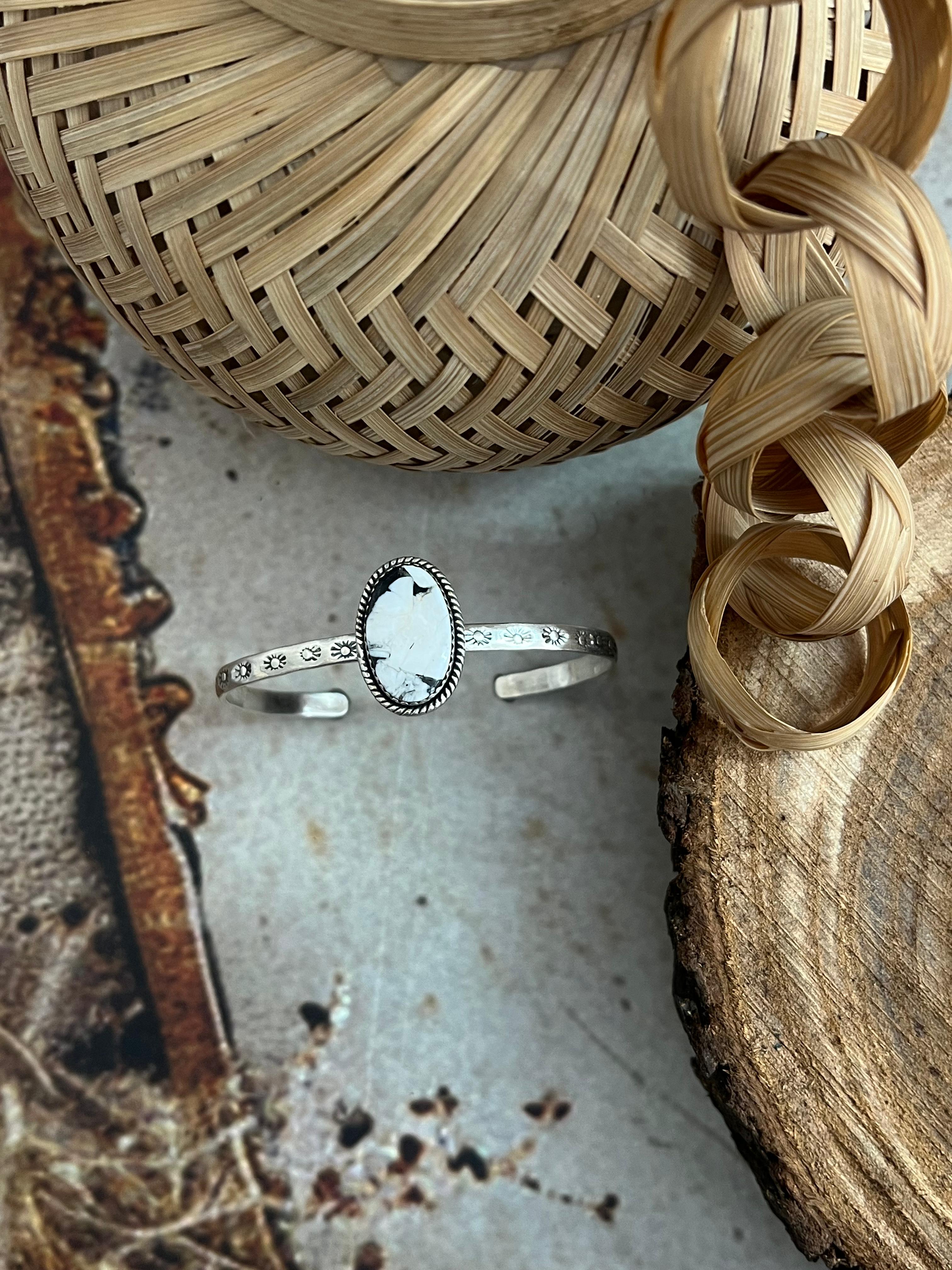 Handmade Sterling Silver White Buffalo Bracelet with Signed Nizhoni
