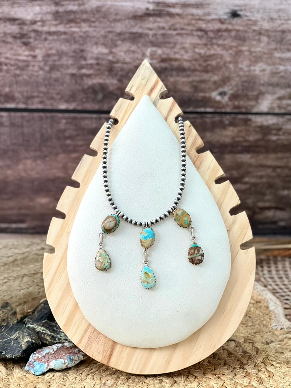 Handmade Sterling Silver Royston Ribbon Turquoise Beaded Necklace "Signed Nizhoni"
