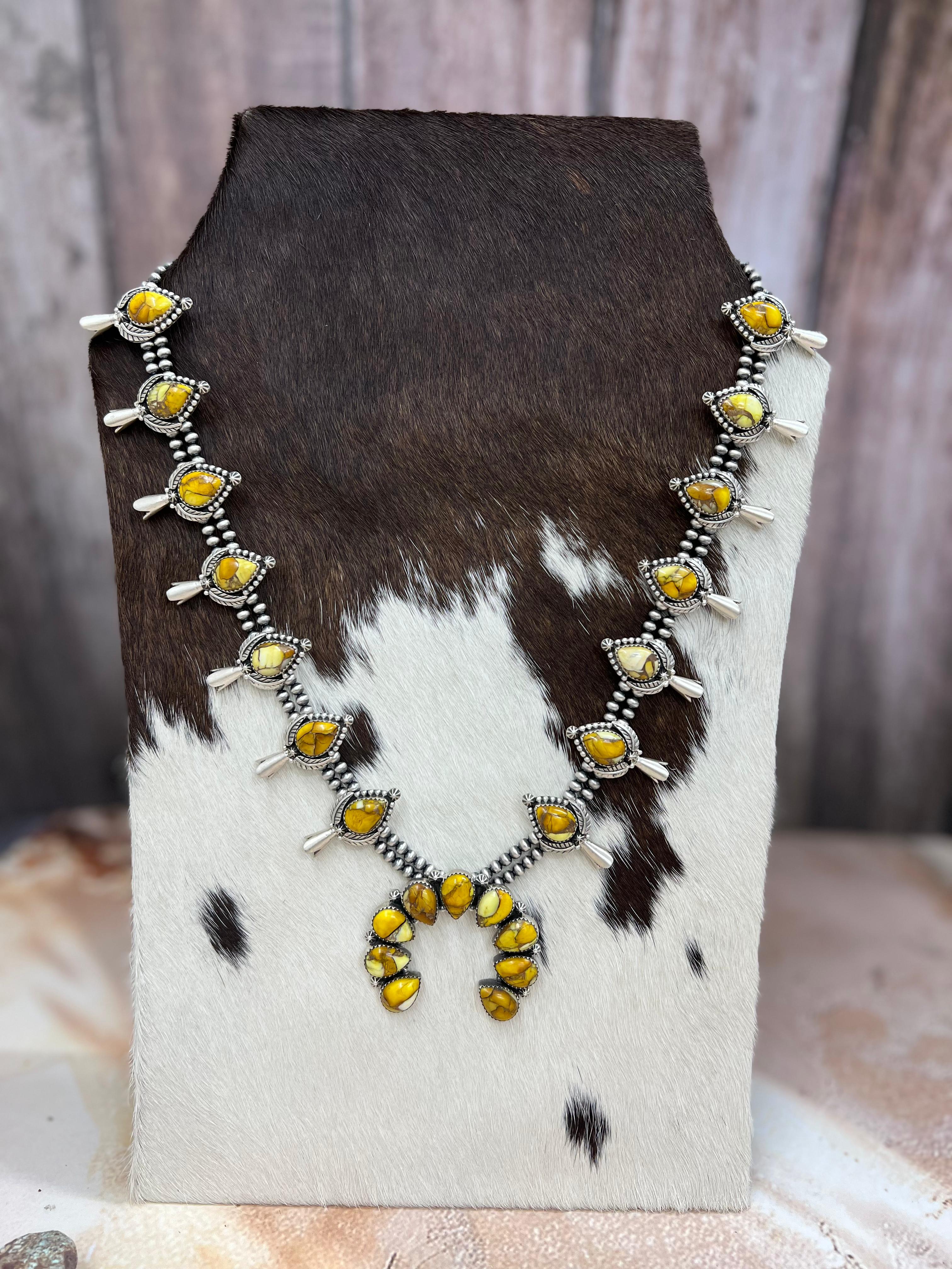 Handmade Sterling Silver Honey Dahlia Squash Blossom Necklace with Signed Nizhoni