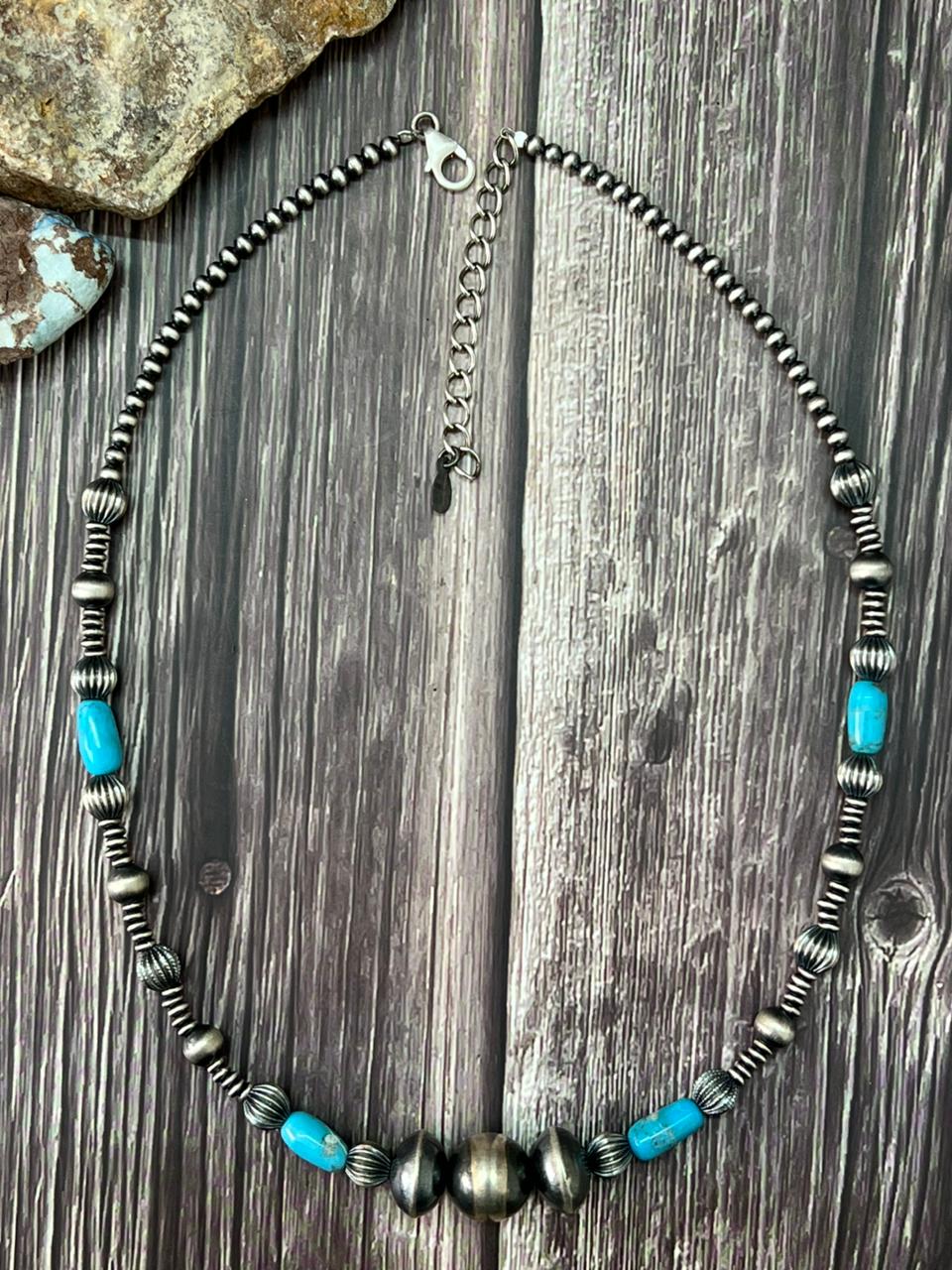 Handmade Sterling Silver Beaded Kingman Turquoise Necklace (7)
