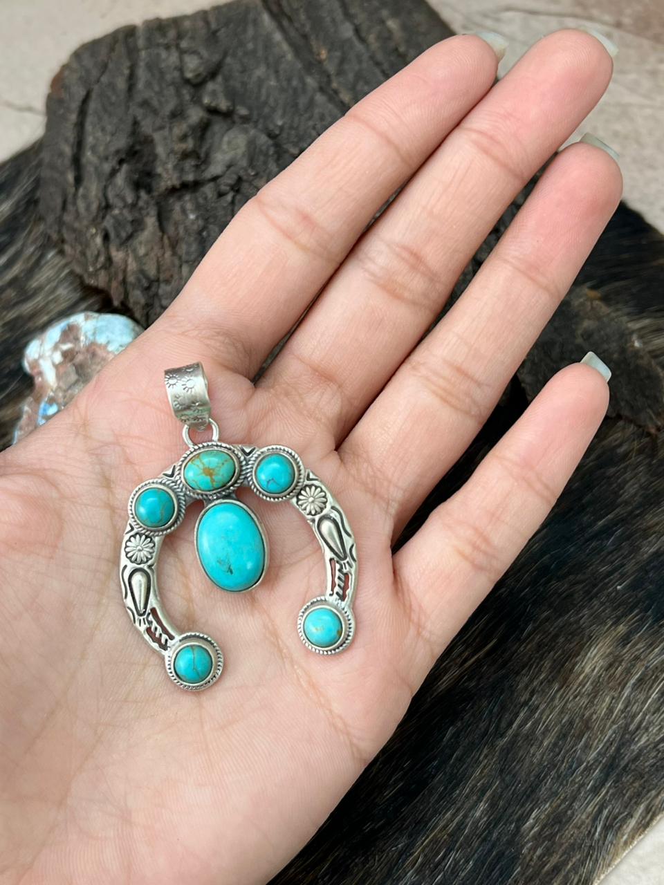 Handmade Sterling Silver Kingman Turquoise Naja Pendant "Signed Nizhoni" (3)