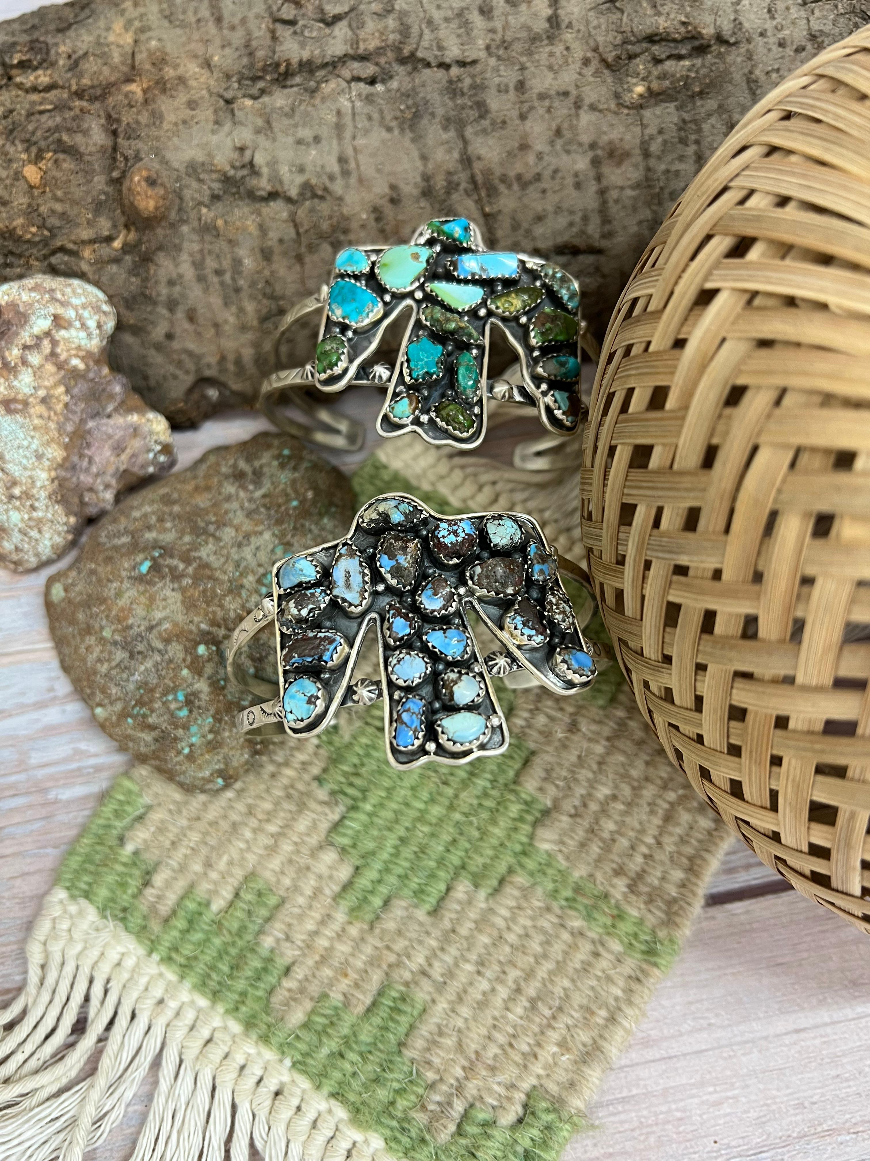 Handmade Sterling Silver Golden Hill, Sonoran Mountain Turquoise Thunder Bird Bracelet with Signed Nizhoni /