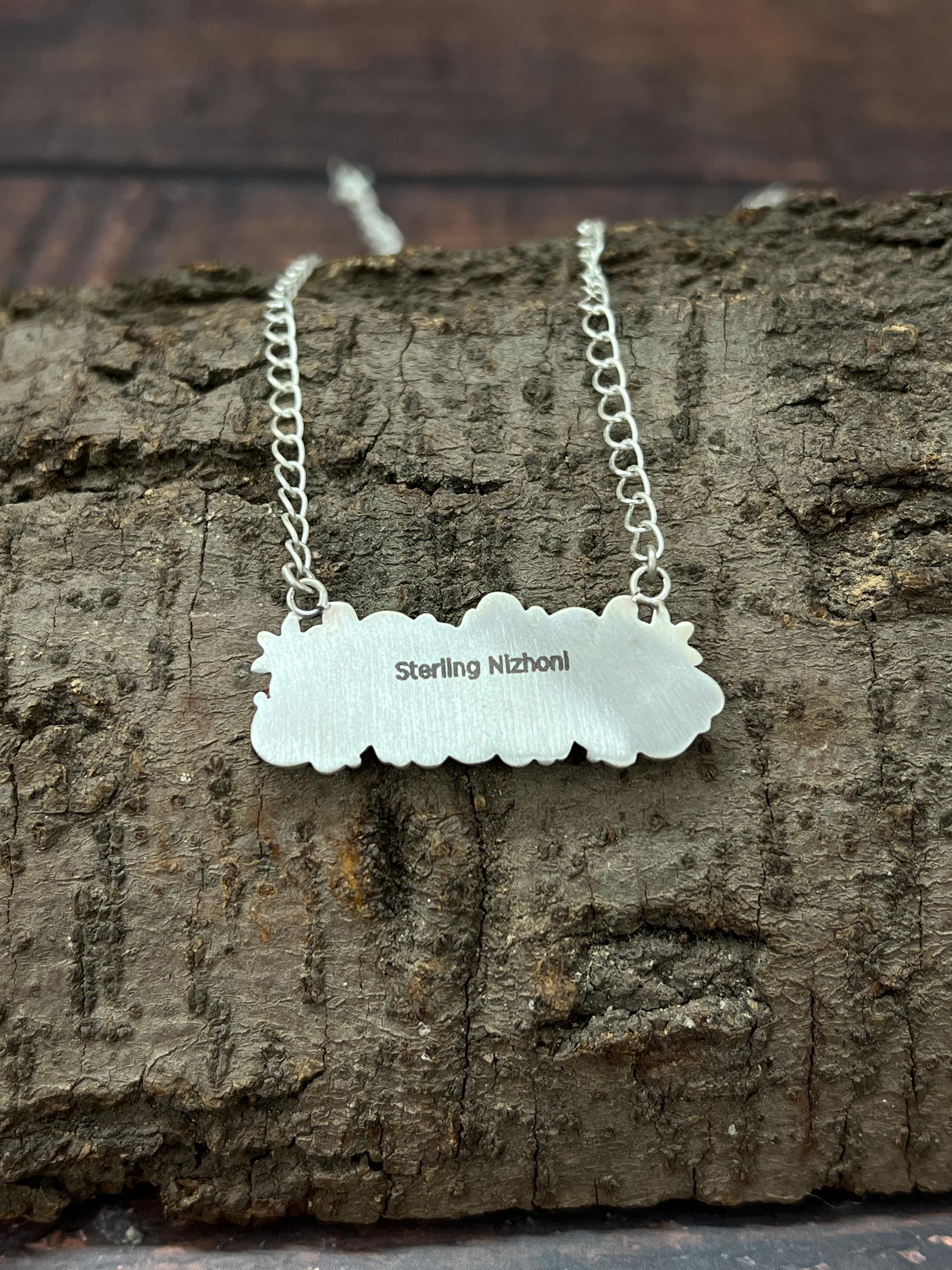 Handmade Sterling Silver Kingman Turquoise Necklace with Signed Nizhoni