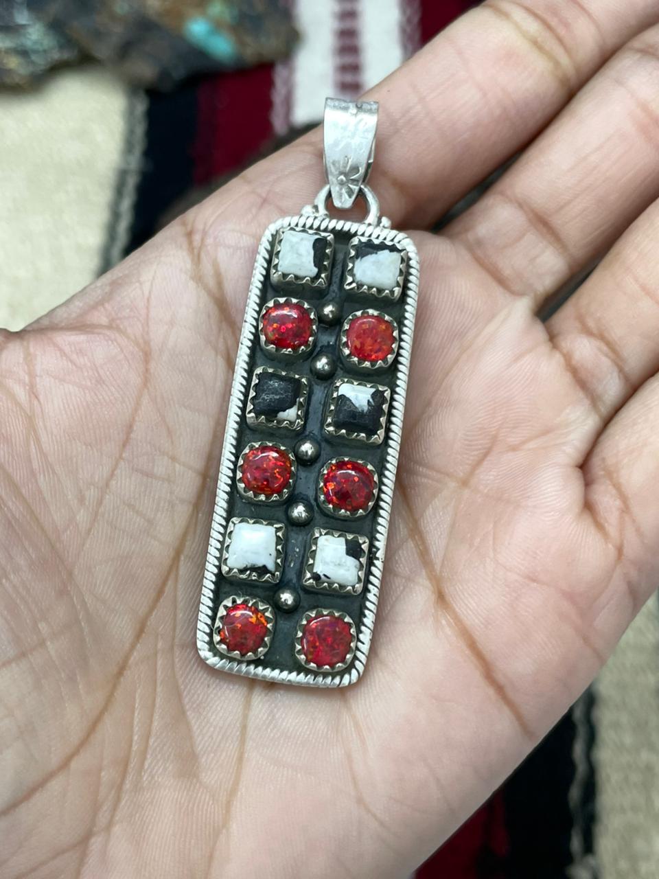 "Christmas Collection" Handmade Sterling Silver Red Opal with White Buffalo Pendant " Signed Nizhoni"