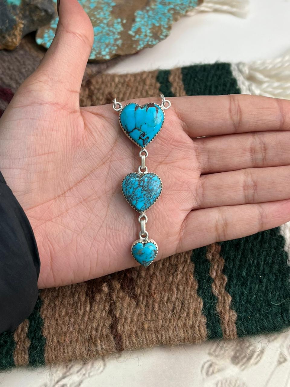 Handmade Sterling Silver Blue Matrix Heart Drop Necklace "Signed Nizhoni"