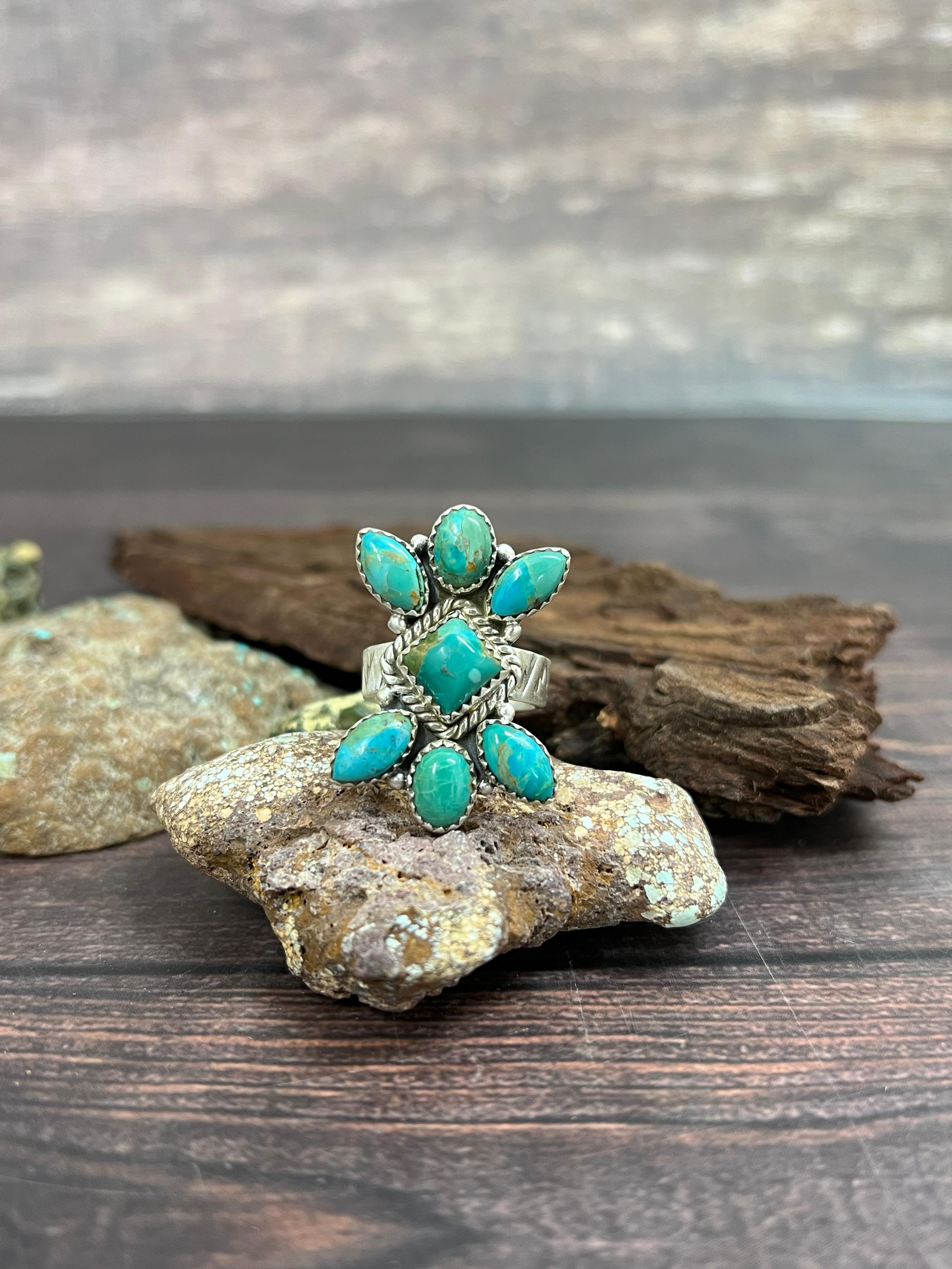 Handmade Sterling Silver Kingman Turquoise Adjustable Ring with Signed Nizhoni