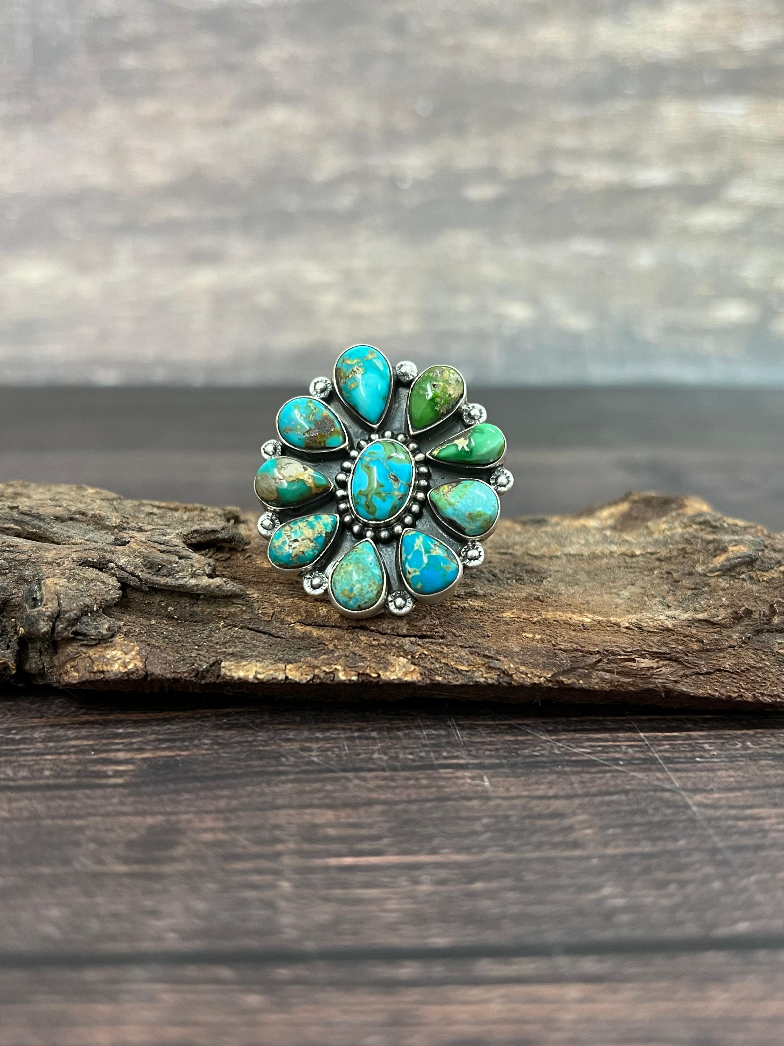 Handmade Sterling Silver South Hill Turquoise Adjustable Ring with Signed Nizhoni