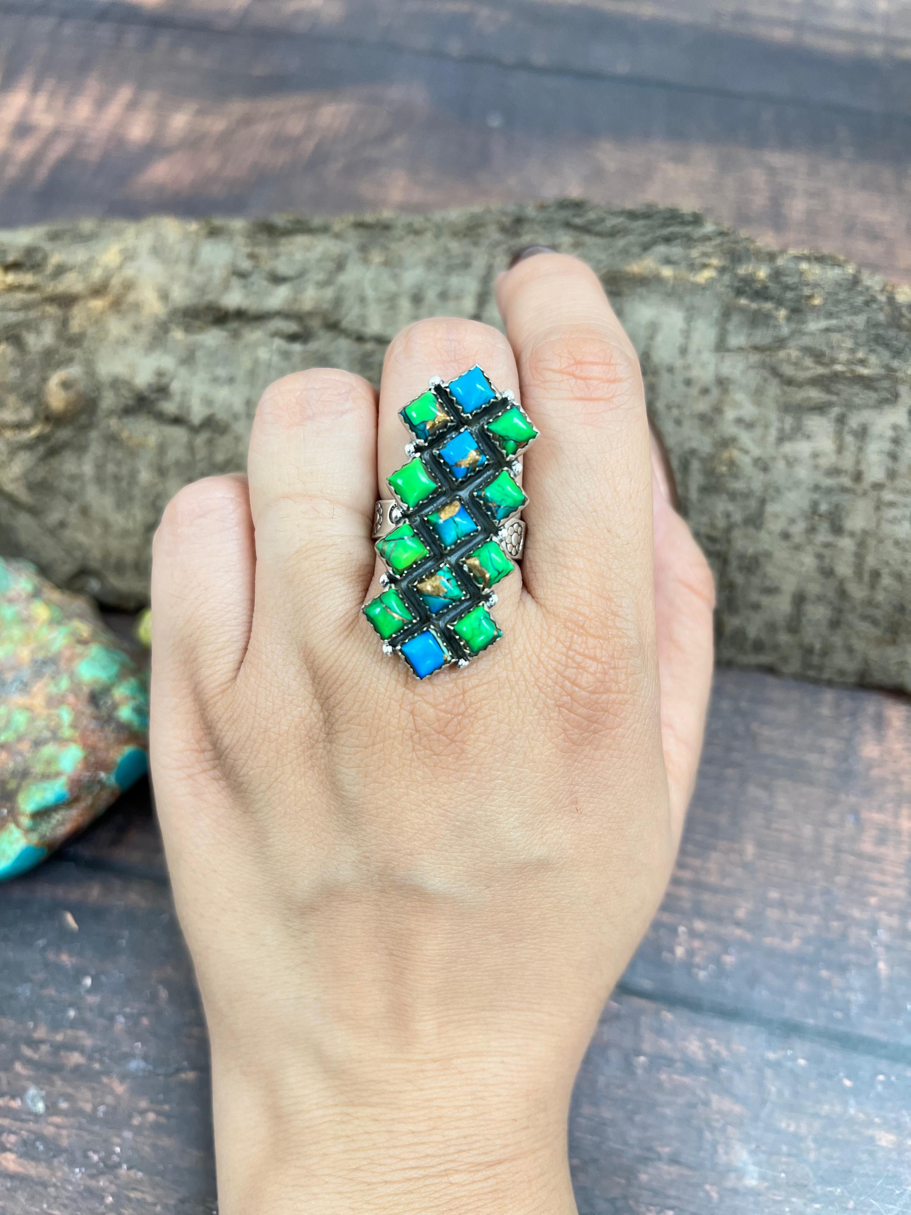 Handmade Sterling Silver Peacock Dahlia Adjustable Ring with Signed Nizhoni