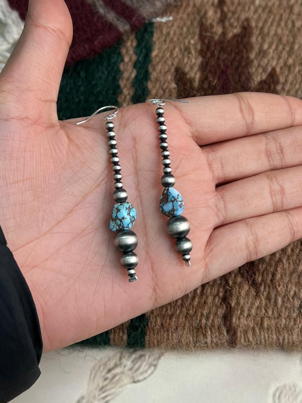 Handmade Sterling Silver Beaded Golden Hills Turquoise Hook Dangle Earrings