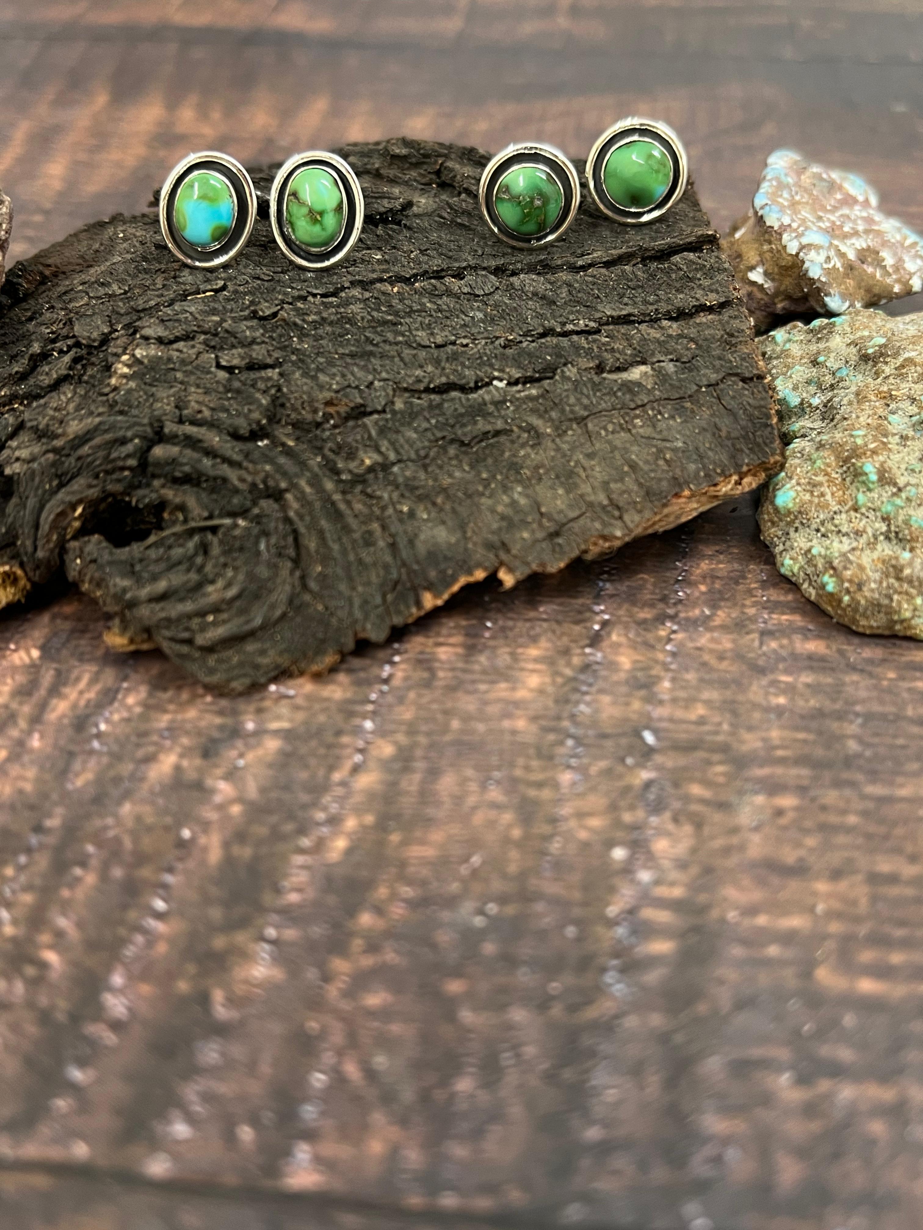 Handmade Sterling Silver Sonoran Mountain Turquoise Post Studs with Signed Nizhoni