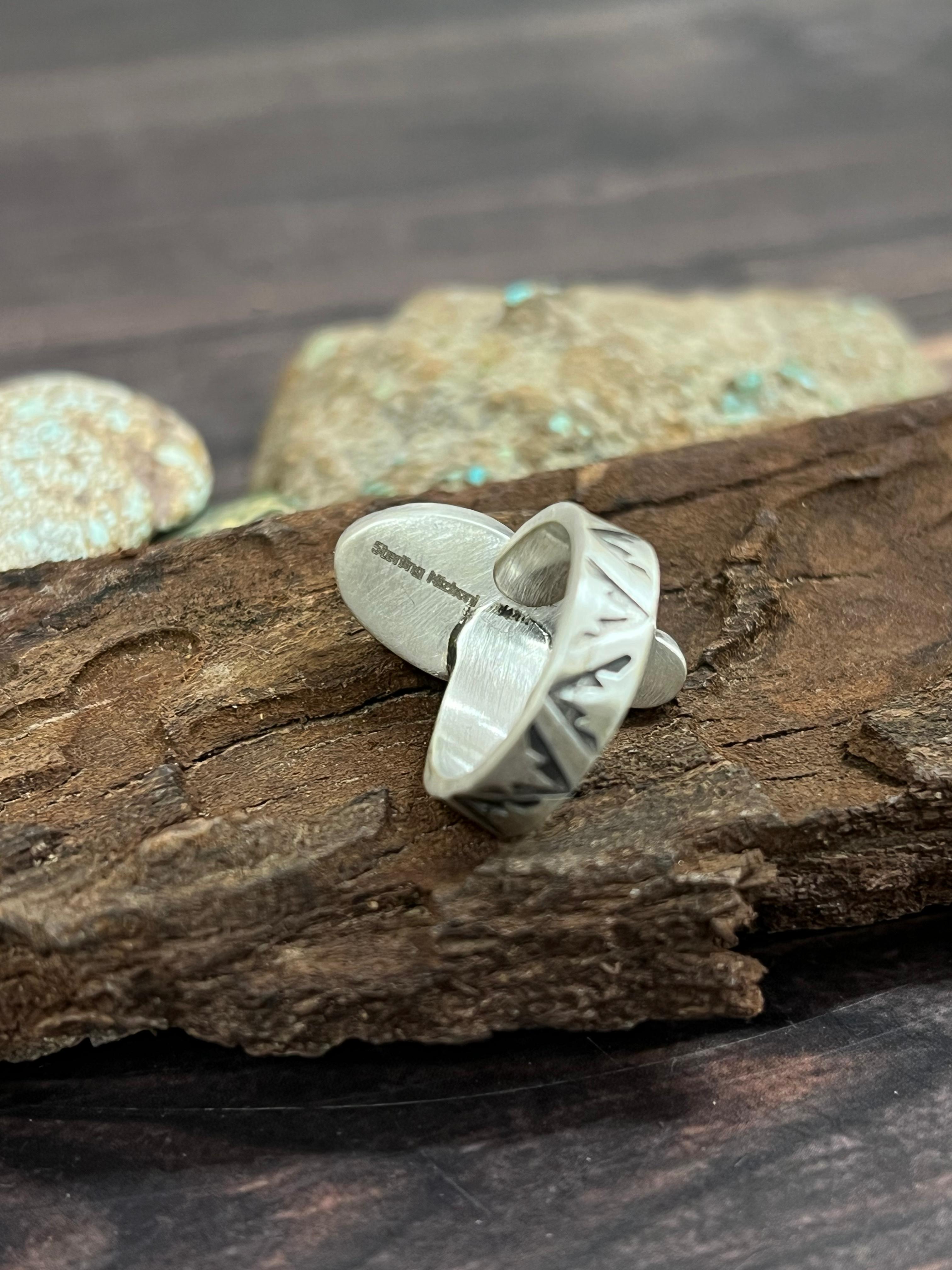 Handmade Sterling Silver Kingman with White Buffalo Turquoise Adjustable Ring with Signed Nizhoni