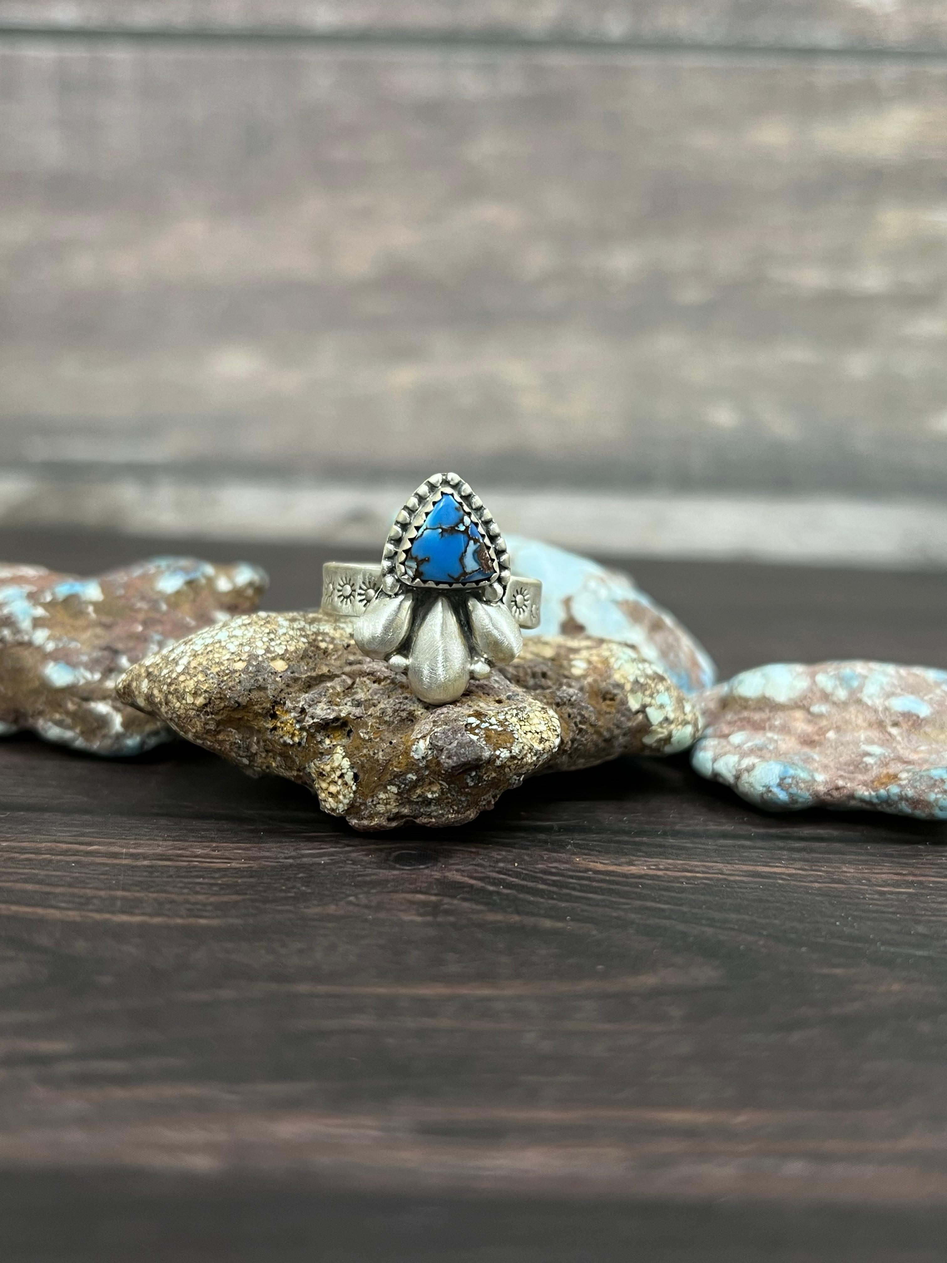 Handmade Sterling Silver with Golden Hills Turquoise Adjustable Ring With Signed Nizhoni
