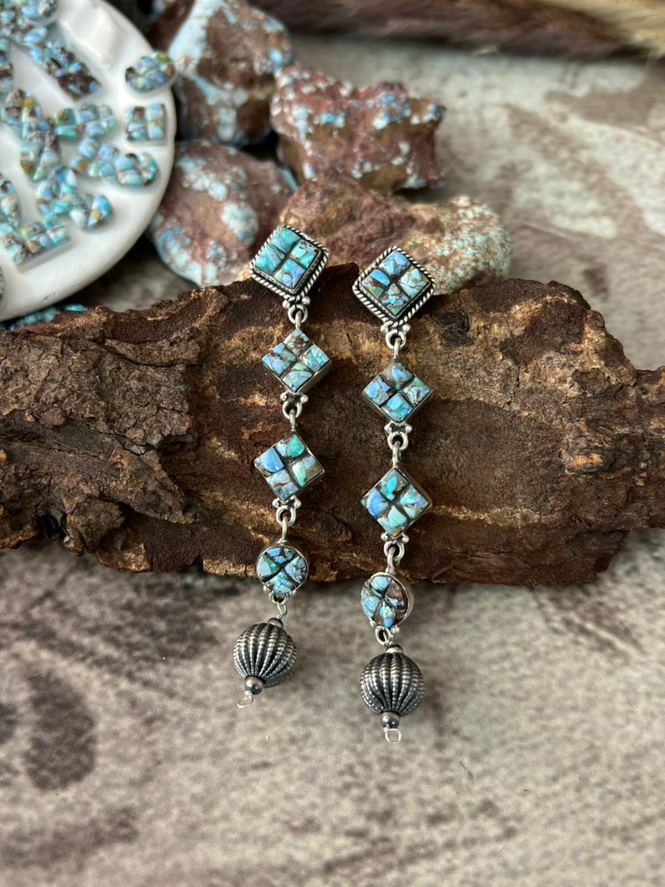 Handmade Sterling Silver Golden Hills Cobble Collection Post Dangle Beaded Earrings "Signed Nizhoni"
