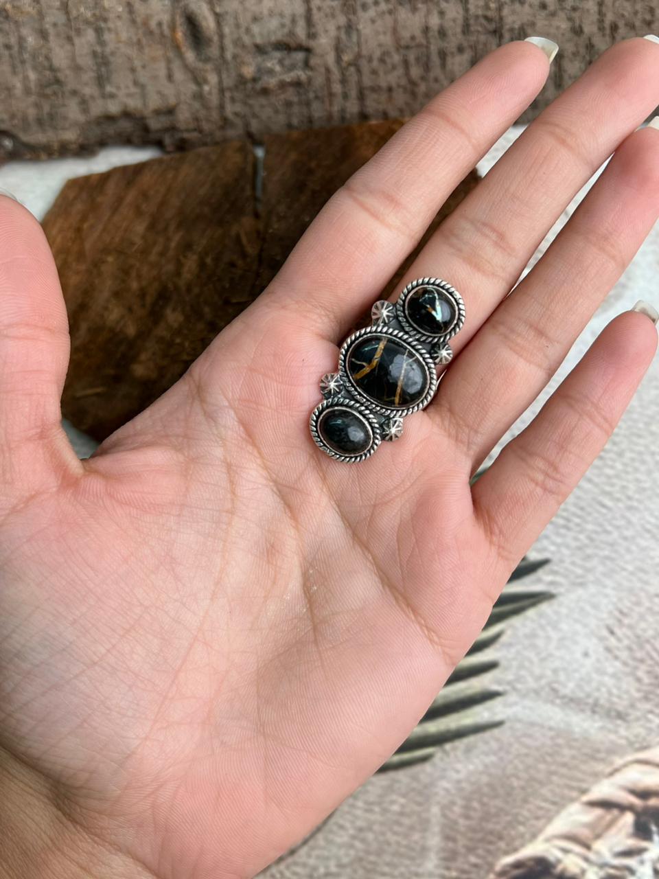 Handmade Sterling Silver Blackjack Turquoise Adjustable Ring "Signed Nizhoni"