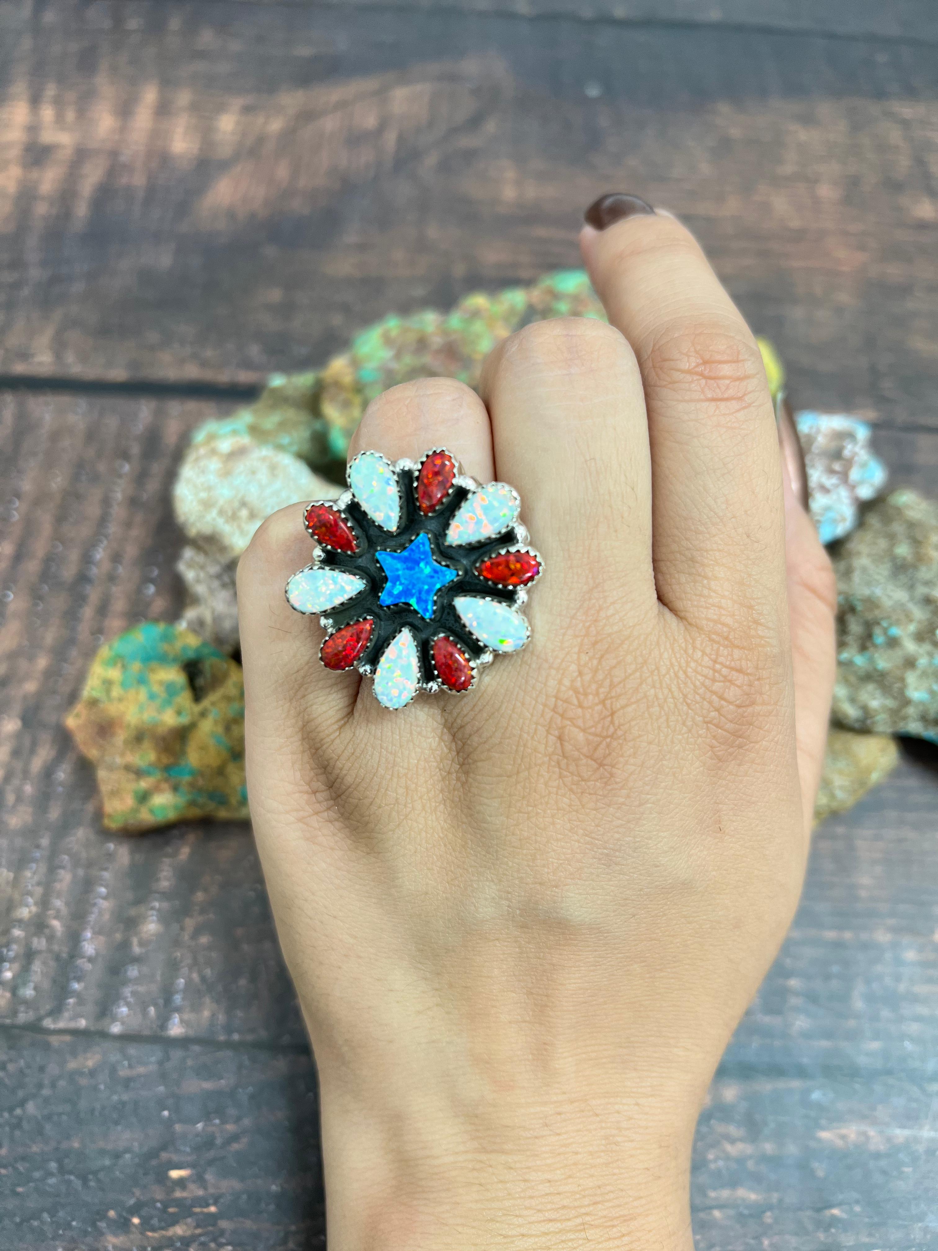 ** 4TH OF JULY ** Handmade Sterling Silver Synthetic Opal Adjustable Ring with Signed Nizhoni