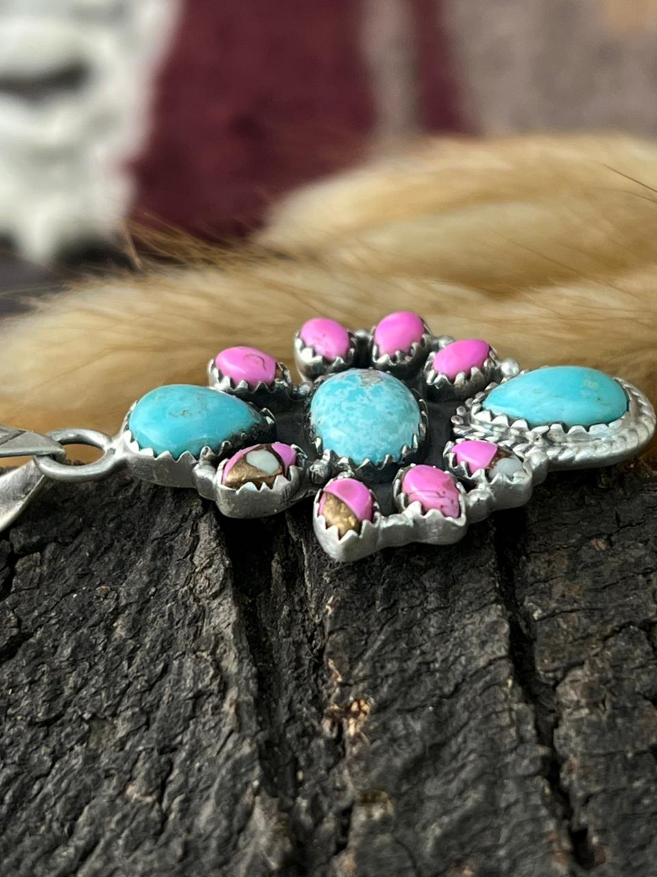Handmade Sterling Silver White Water Turquoise with Cotton Candy Pendant "Signed Nizhoni"