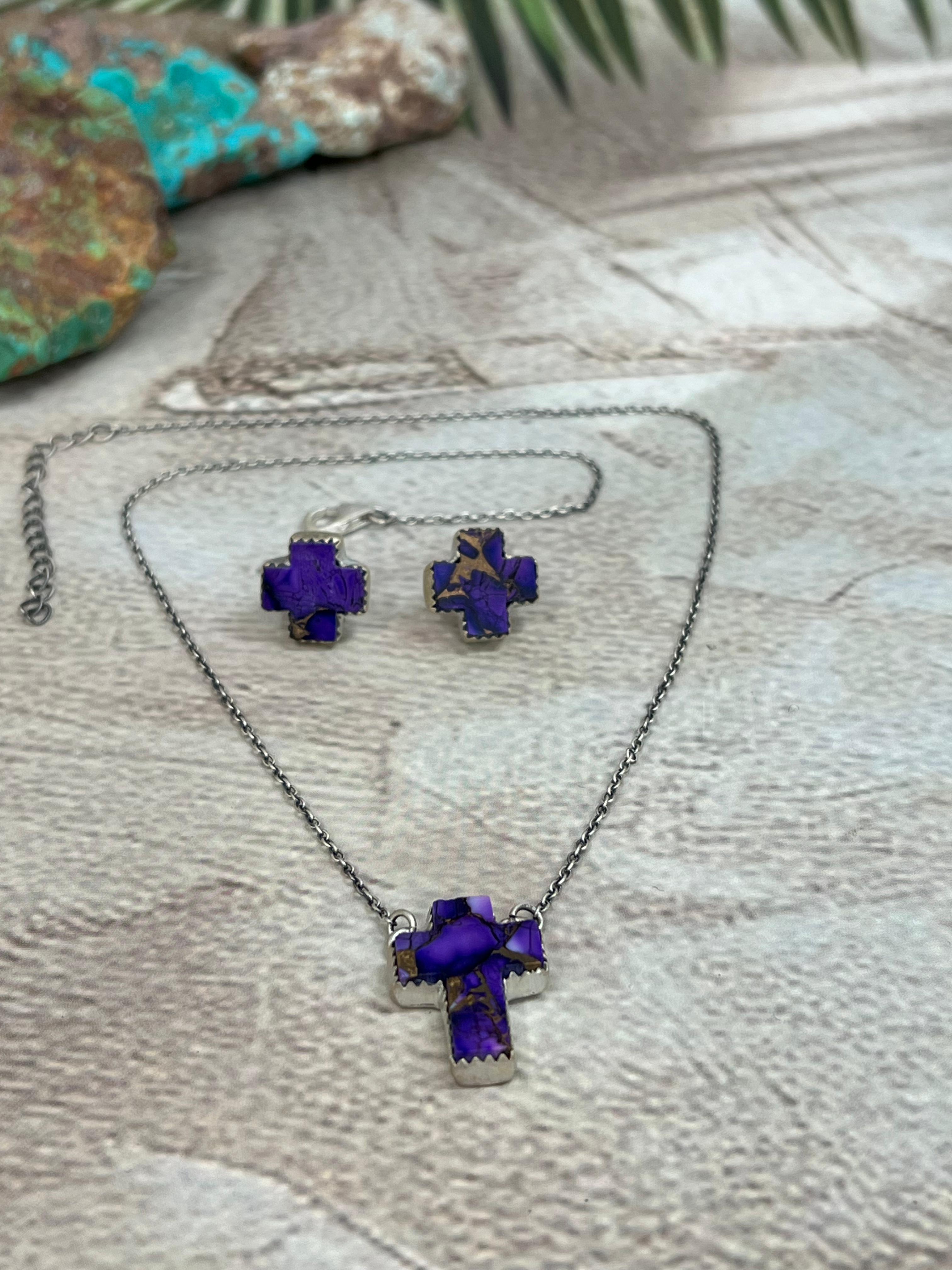 Handmade Sterling Silver Grape Dahlia Cross Necklace Earrings Set, Signed Nizhoni