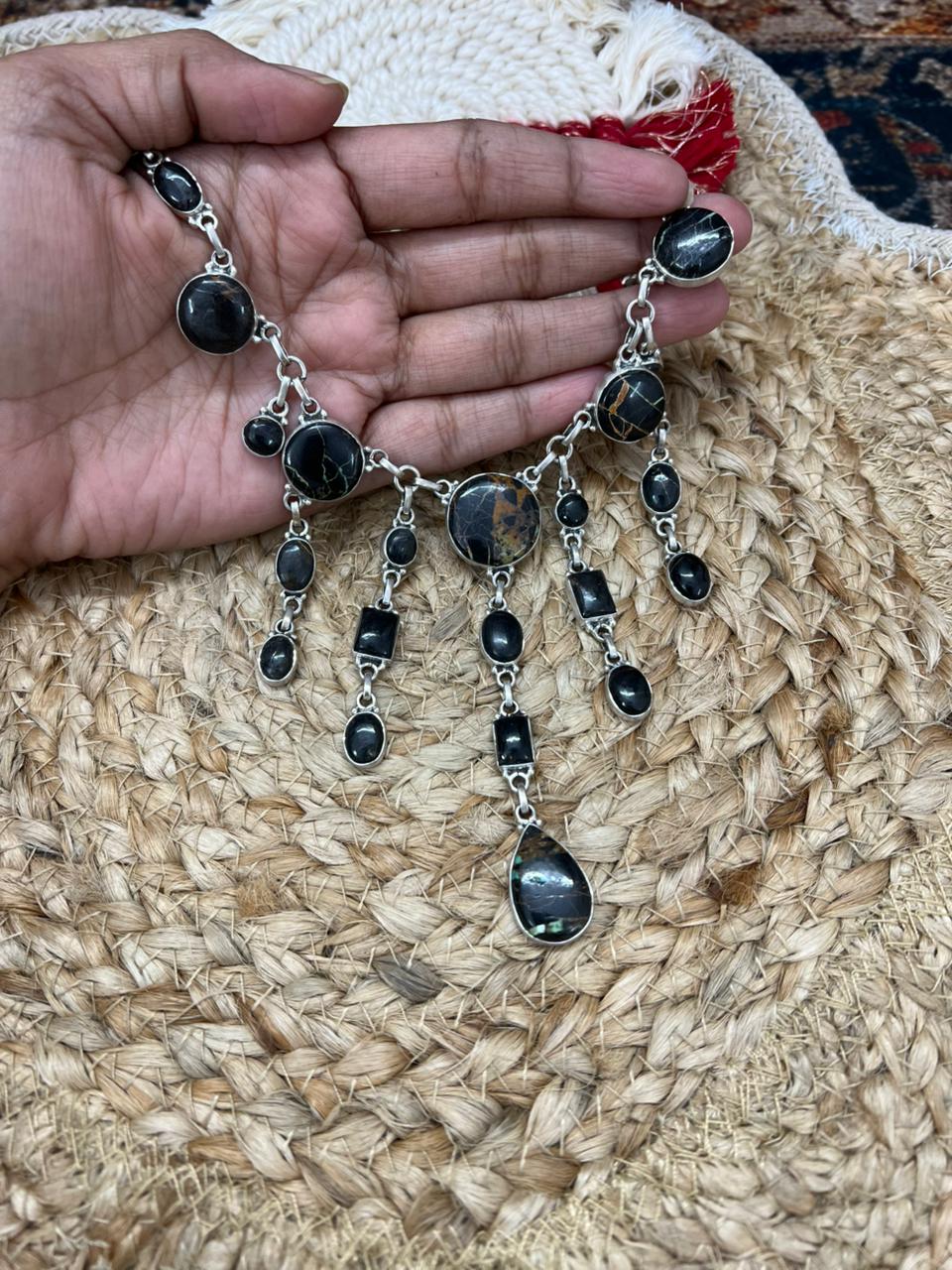 Handmade Sterling Silver Blackjack Turquoise Choker Necklace "Signed Nizhoni"