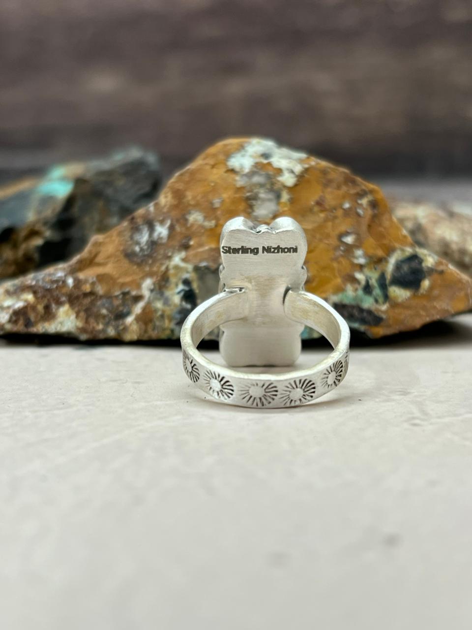 Handmade Sterling Silver White Buffalo Turquoise Adjustable Ring "Signed Nizhoni"