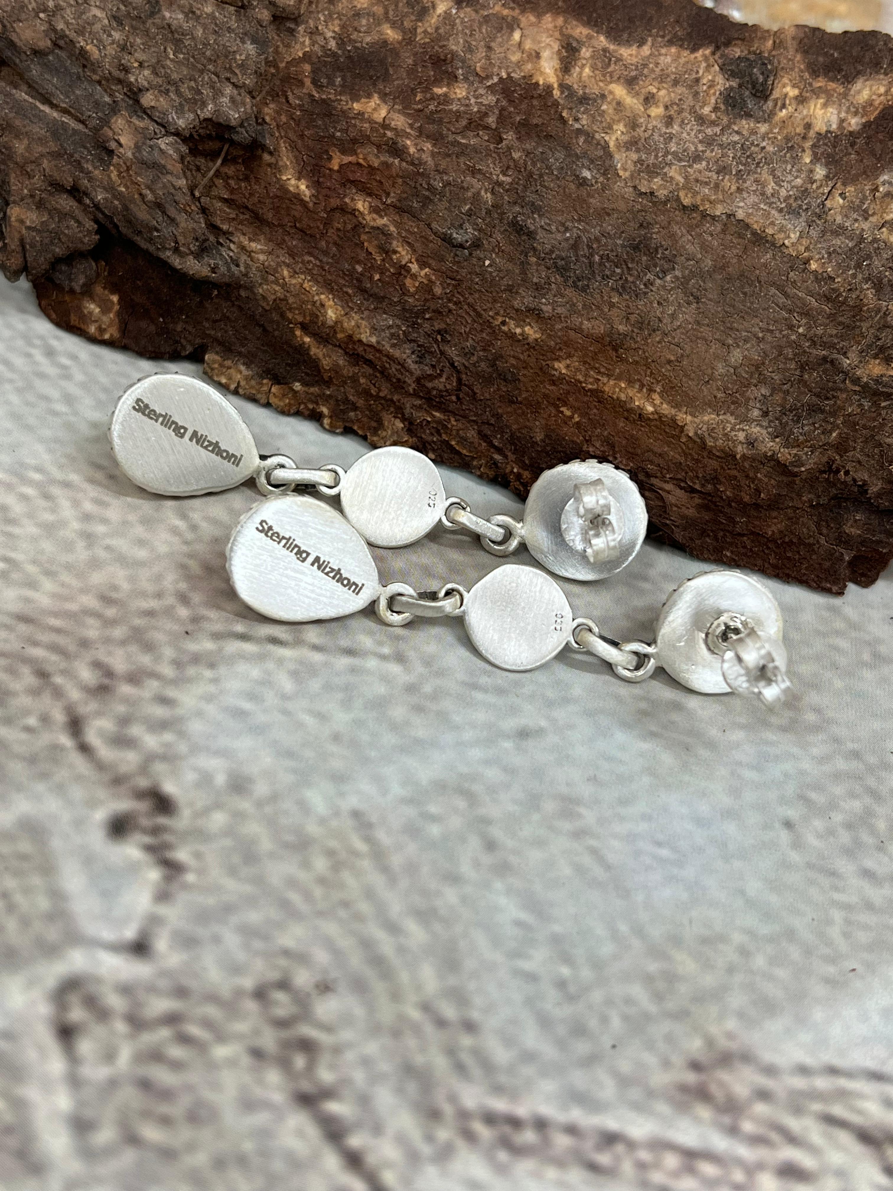 Handmade Sterling Silver Kingman Turquoise Post Dangle Earrings with Signed Nizhoni