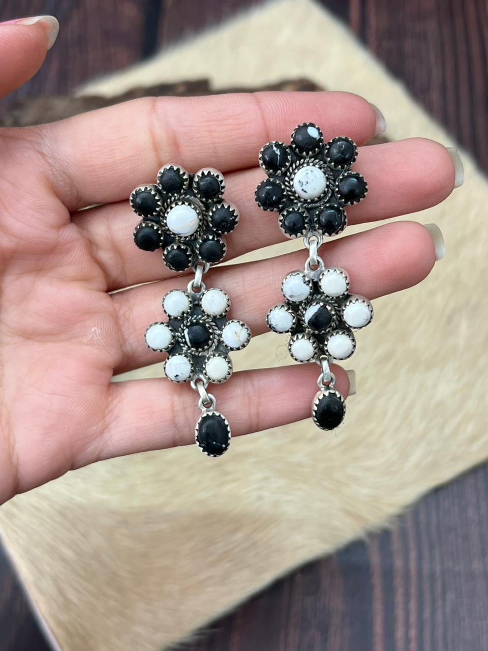 Handmade Sterling Silver White Buffalo Post Dangle Earrings "Signed Nizhoni" (6)