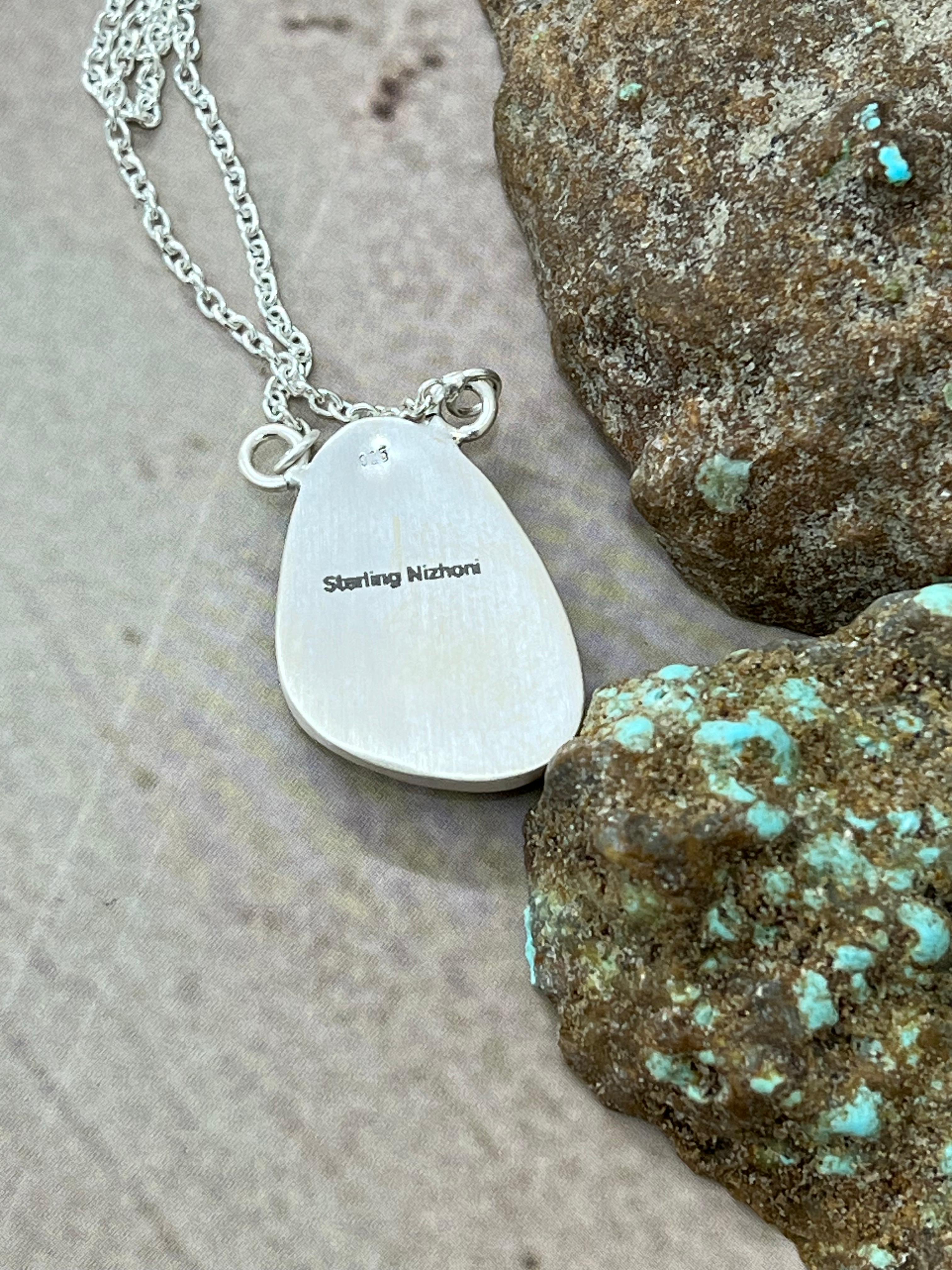 Handmade Sterling Silver Ribbon Royston Necklace with Signed Nizhoni