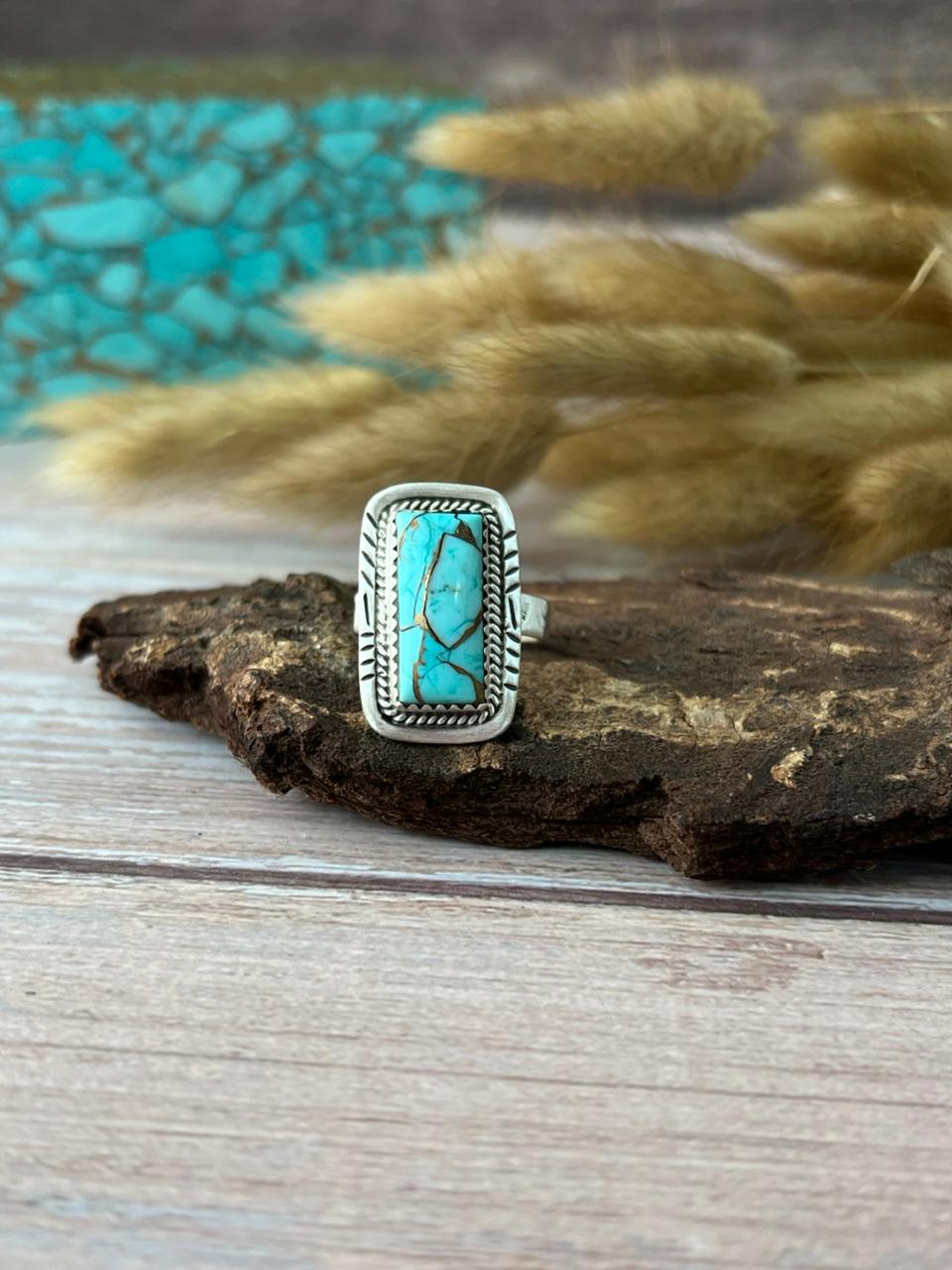 Handmade Sterling Silver Mint Dahlia Collection: Adjustable Bar Ring "Signed Nizhoni" (5)