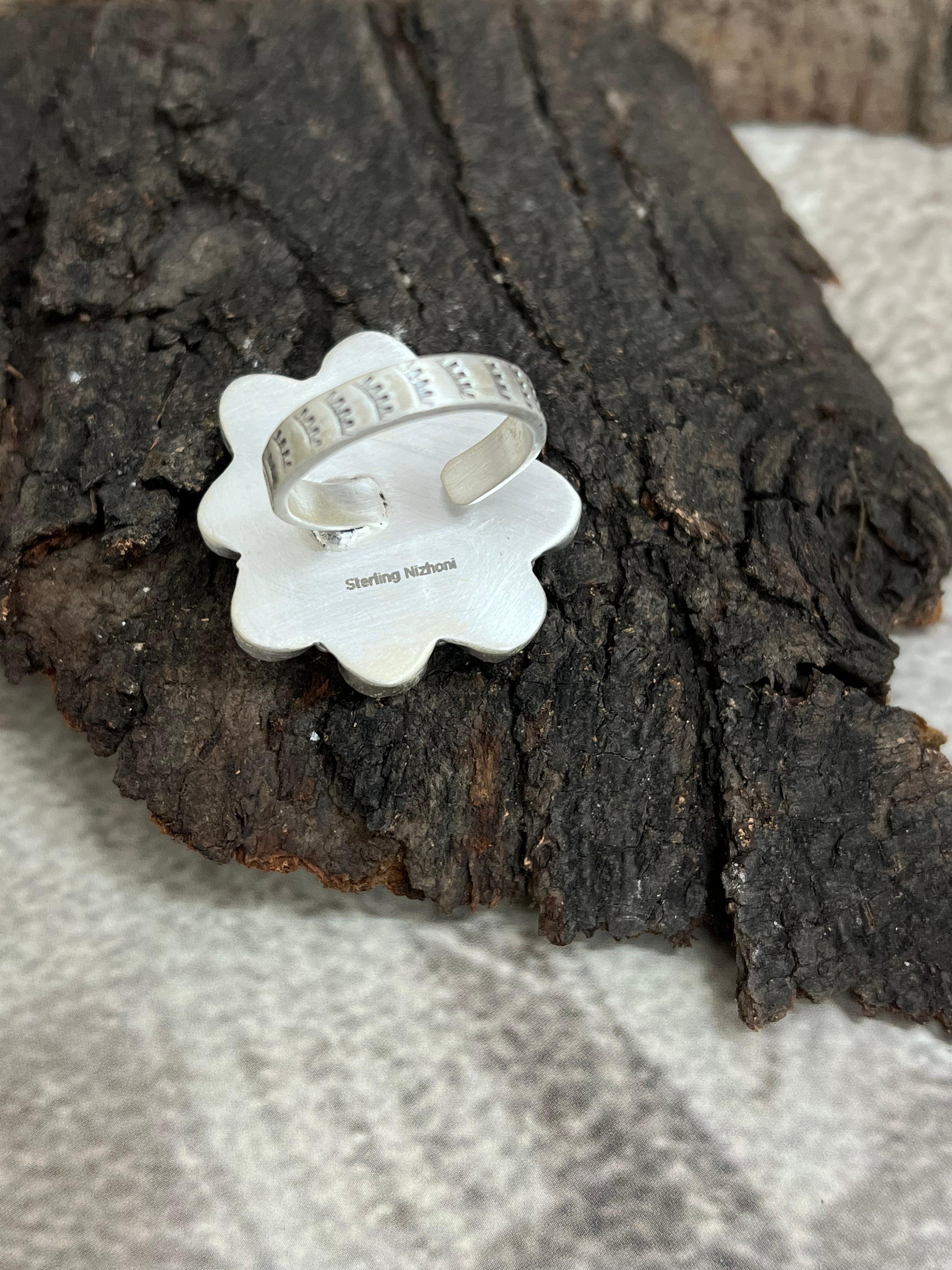 Handmade Sterling Silver Sonoran Mountain Turquoise Adjustable Ring with Signed Nizhoni