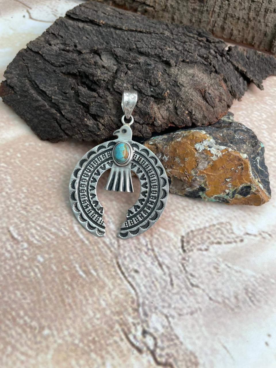 Added Handmade Sterling Silver Kingman Turquoise Naja Pendant "Signed Nizhoni" (3)