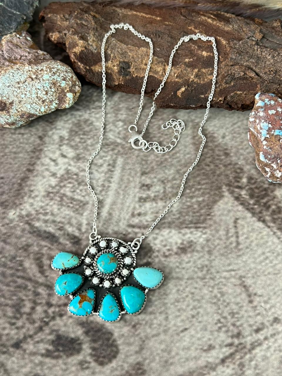 Handmade Sterling Silver Santa Maria with White Buffalo Necklace "Signed Nizhoni"