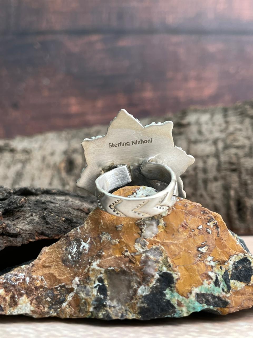 Handmade Sterling Silver Palomino with Peacock Dahlia Adjustable Ring "Signed Nizhoni"