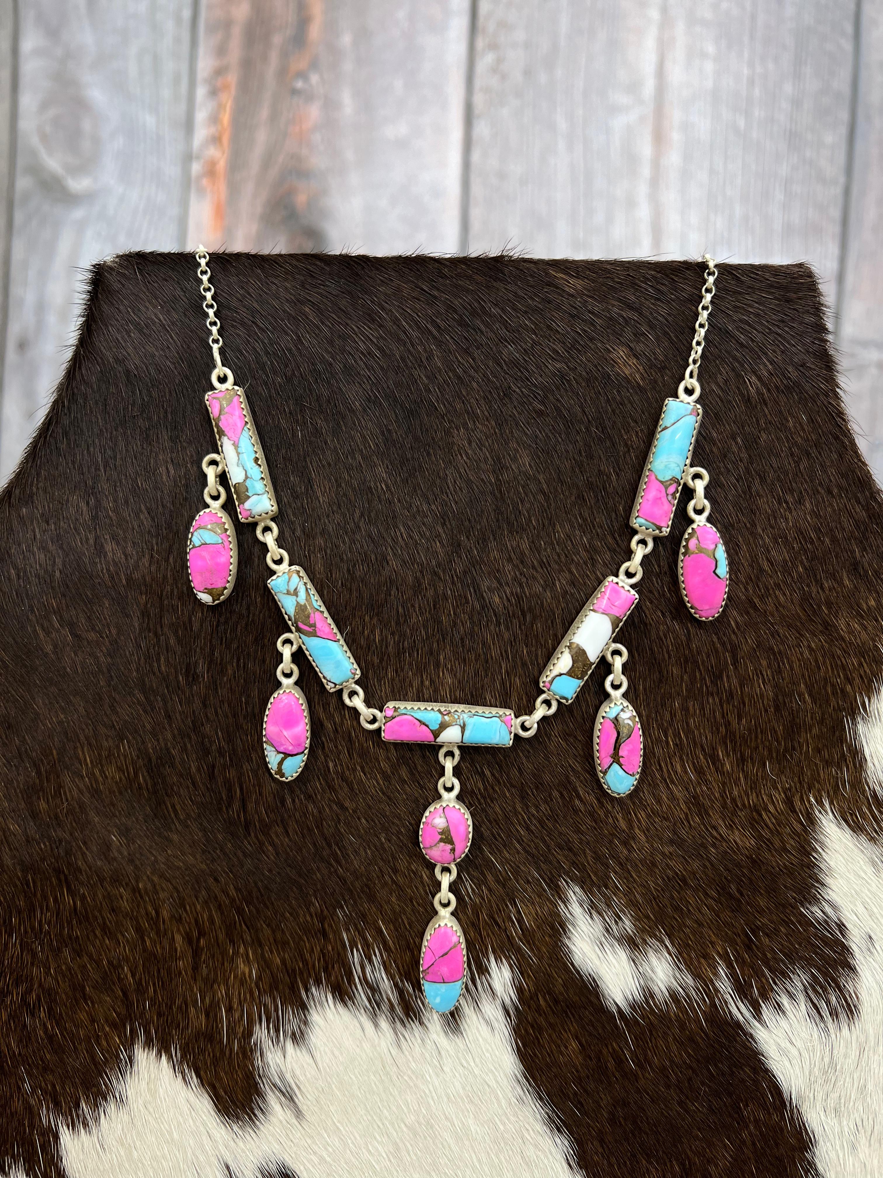 Handmade Sterling Silver Cotton Candy Turquoise Necklace with Signed Nizhoni