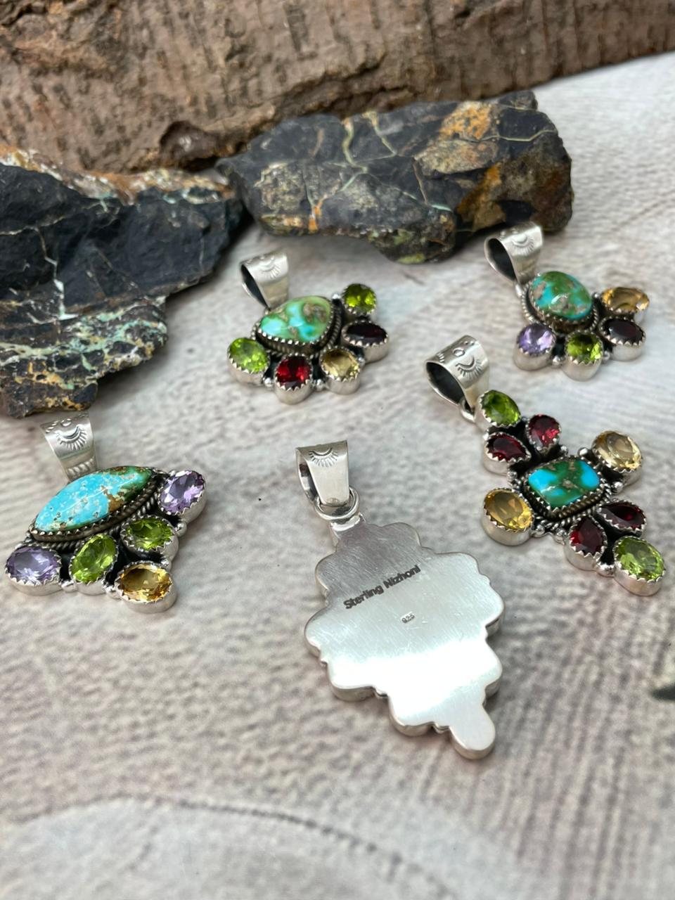 Handmade Sterling Silver Sonoran with Cut Stones Pendant "Signed Nizhoni"