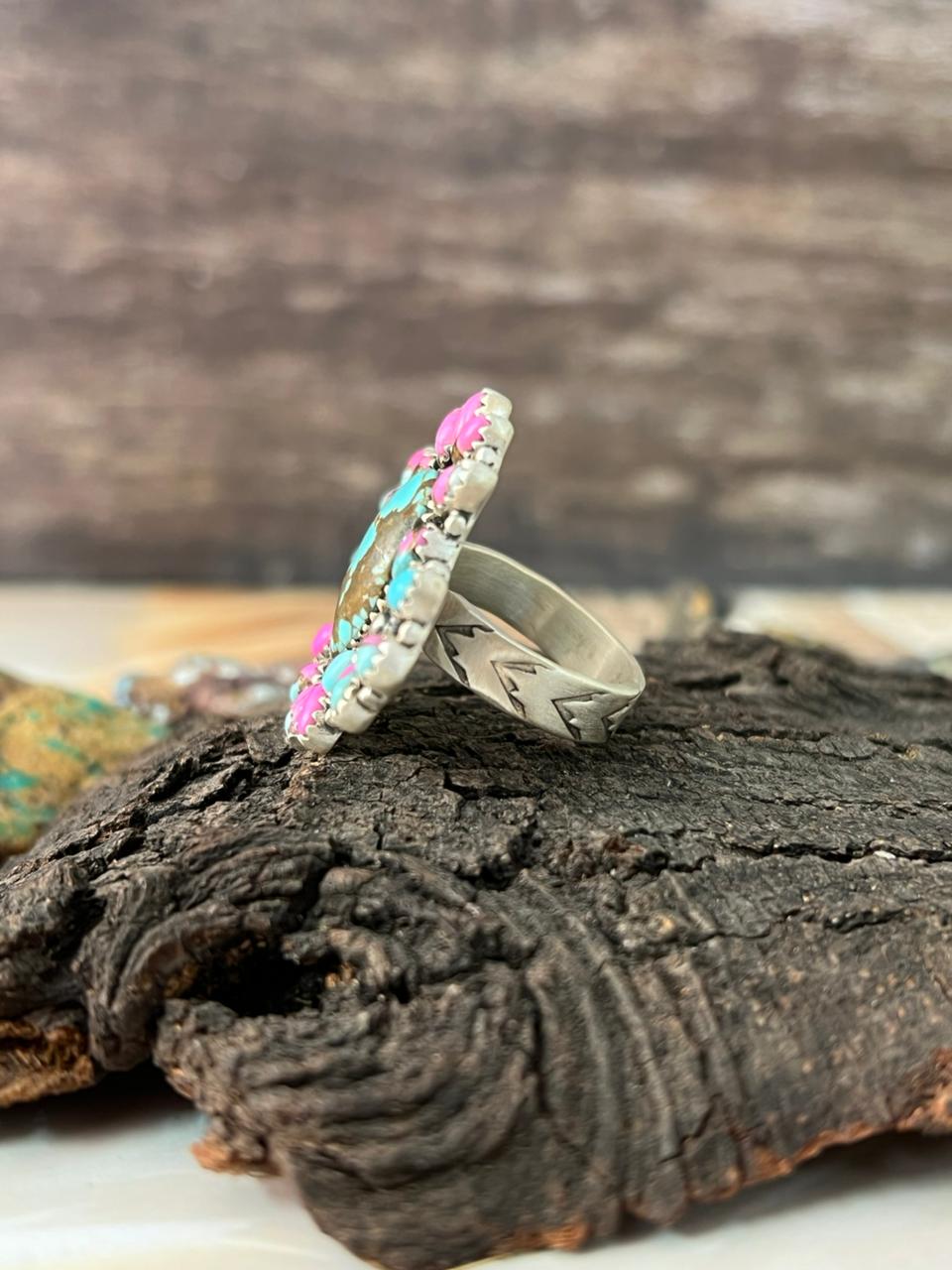 Handmade Sterling Silver Number 8 with Cotton Candy Adjustable Ring "Signed Nizhoni"