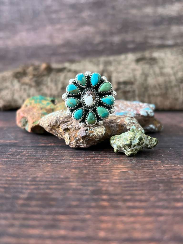Handmade Sterling Silver Kingman Turquoise with Wildhorse Magnesite Adjustable Rings "Signed Nizhoni"