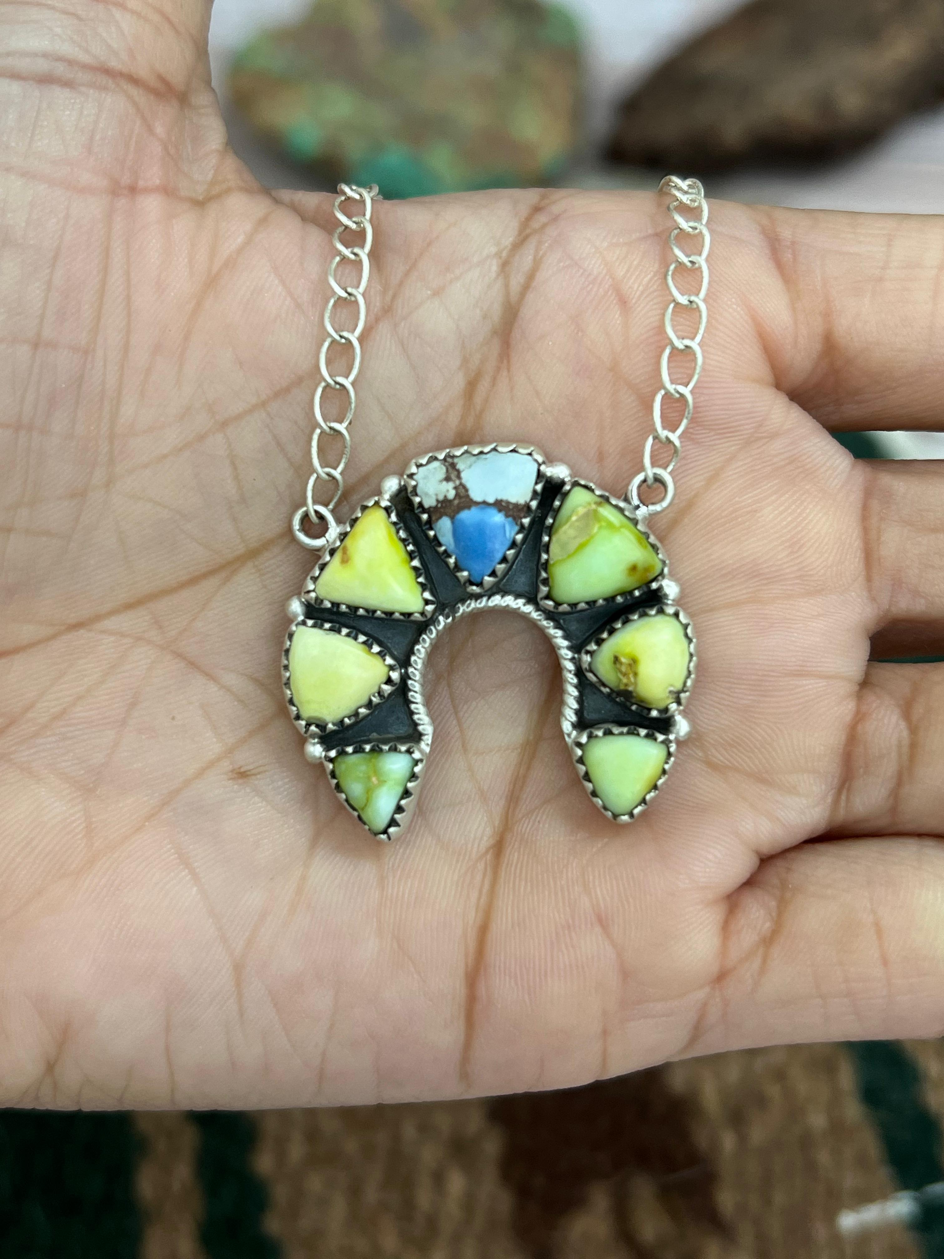 Handmade Sterling Silver Palomino, Golden Hills Turquoise Naja Necklace with Signed Nizhoni