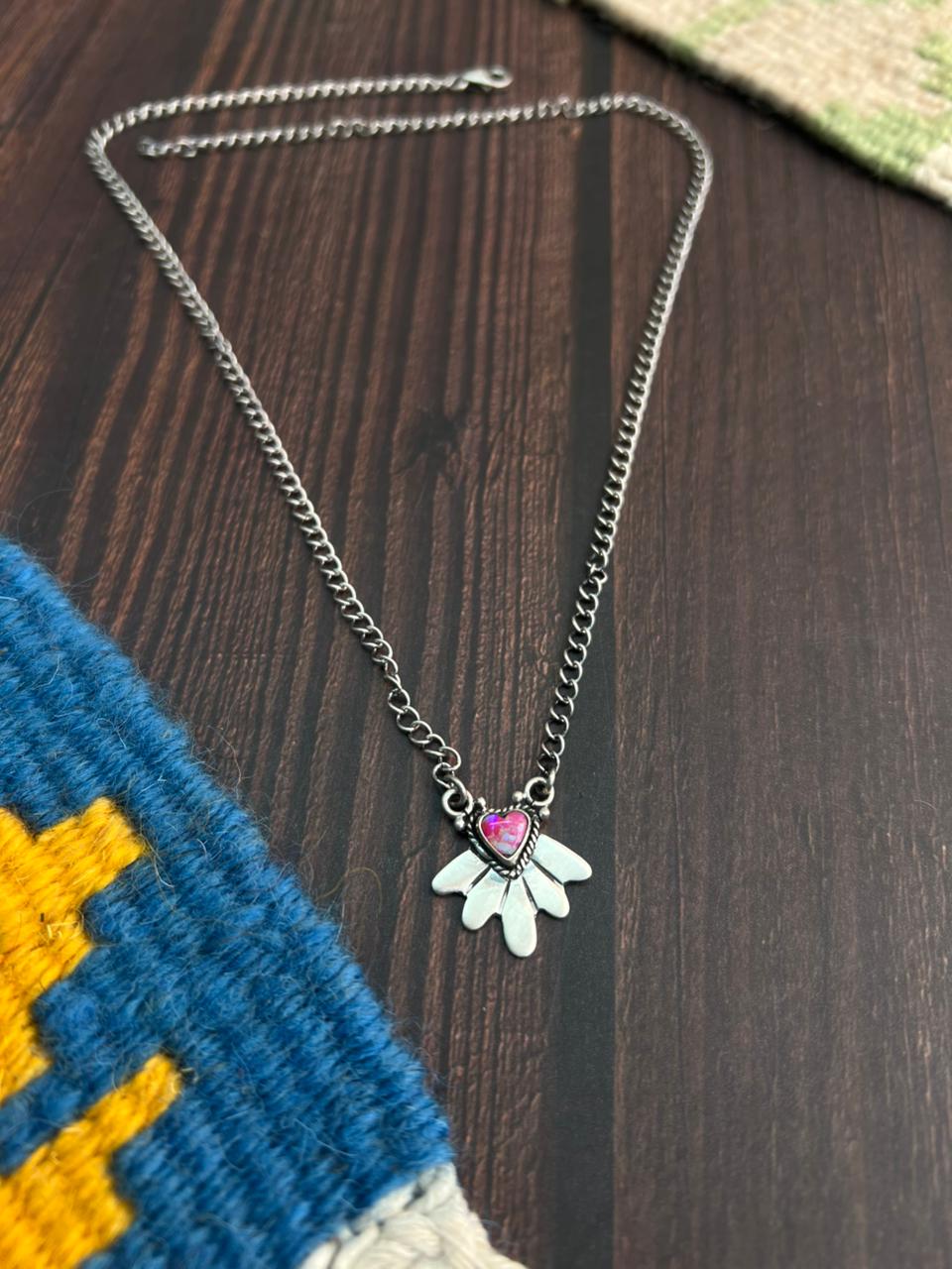 "Heart Collection" Handmade Sterling Silver Hot Pink Necklace "Signed Nizhoni"