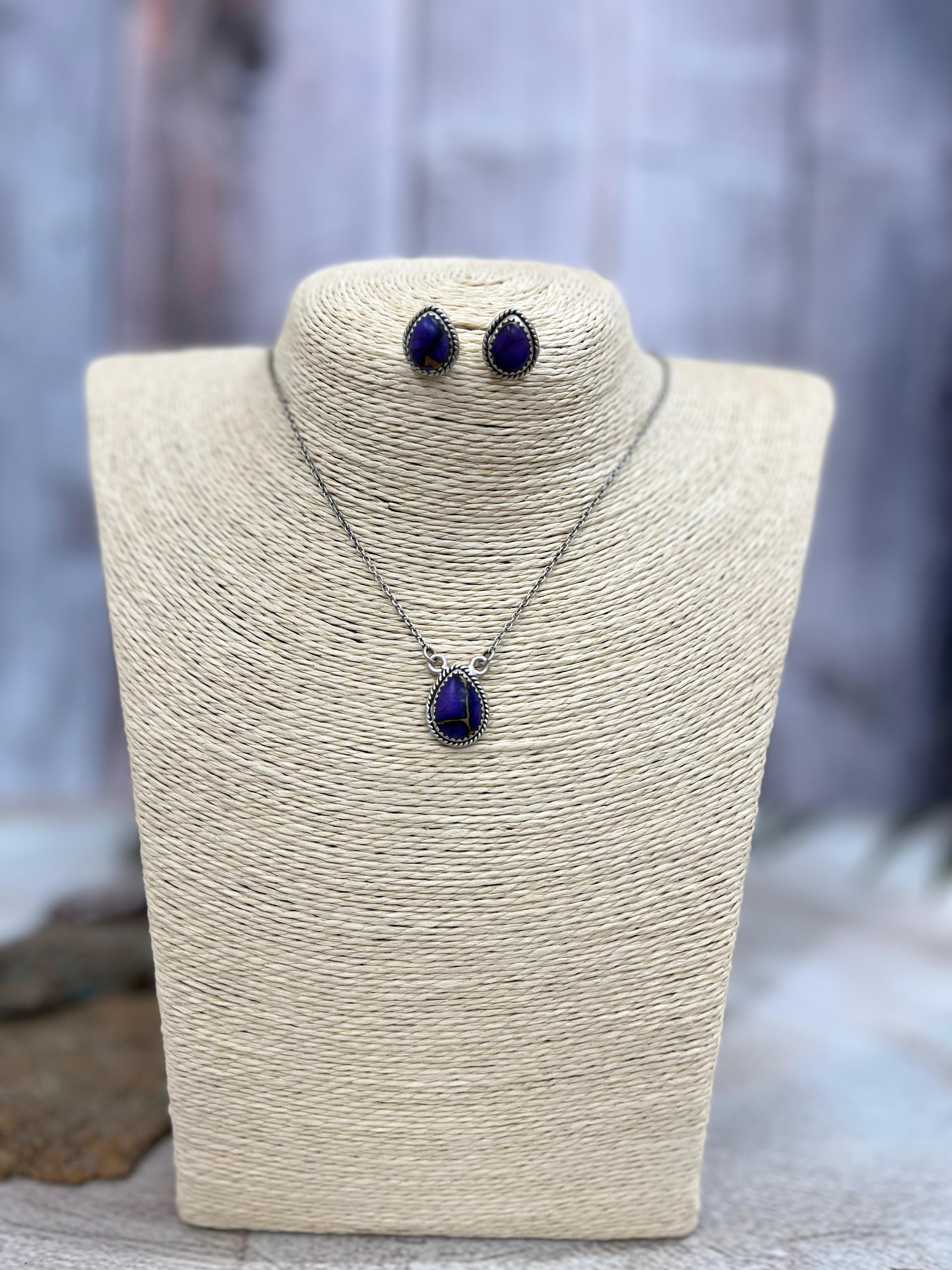 Handmade Sterling Silver Grape Dahlia Necklace Earrings Set, Signed Nizhoni