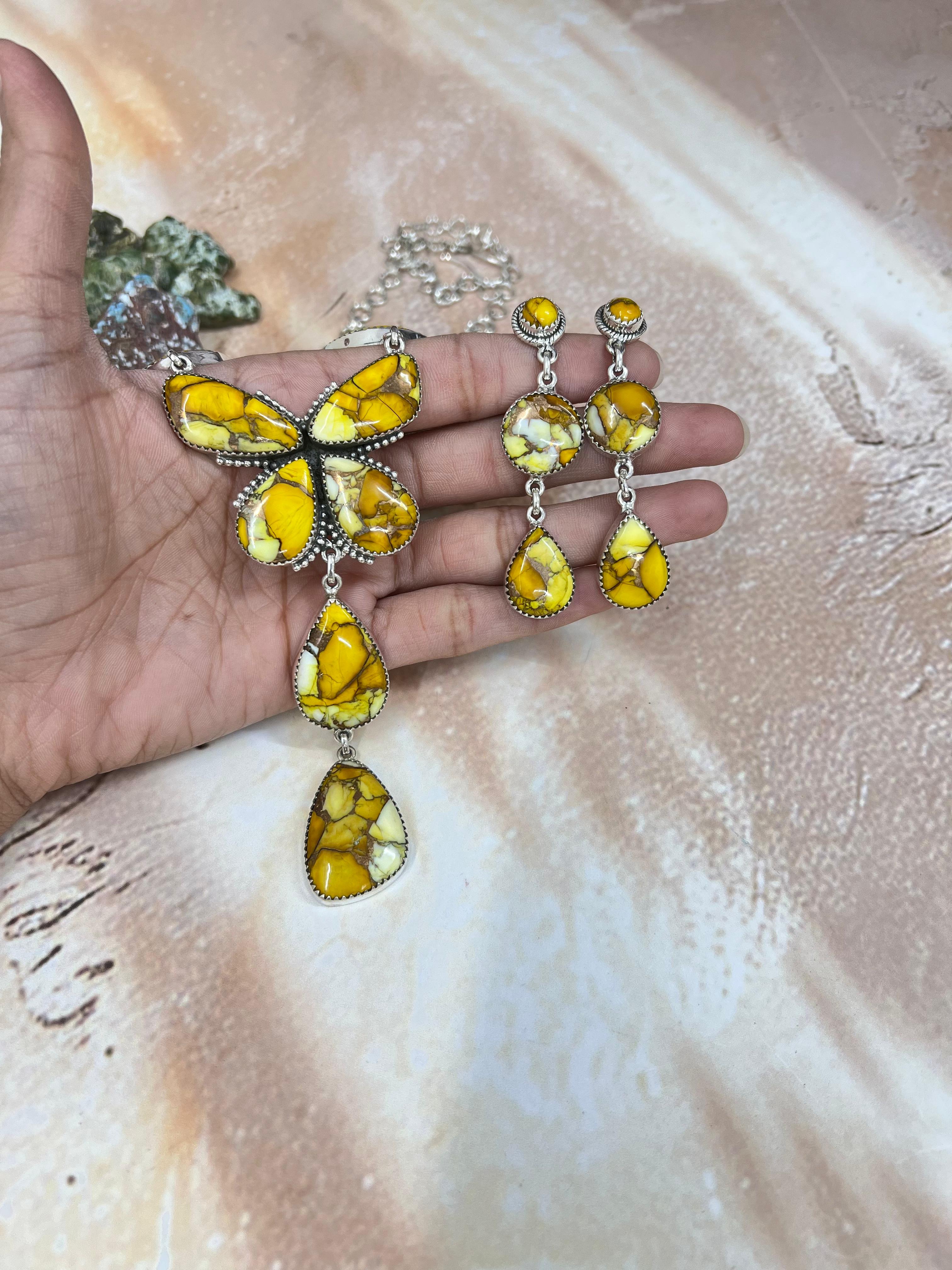 Handmade Sterling Silver Honey Dahlia Necklace Earrings Set, Signed Nizhoni