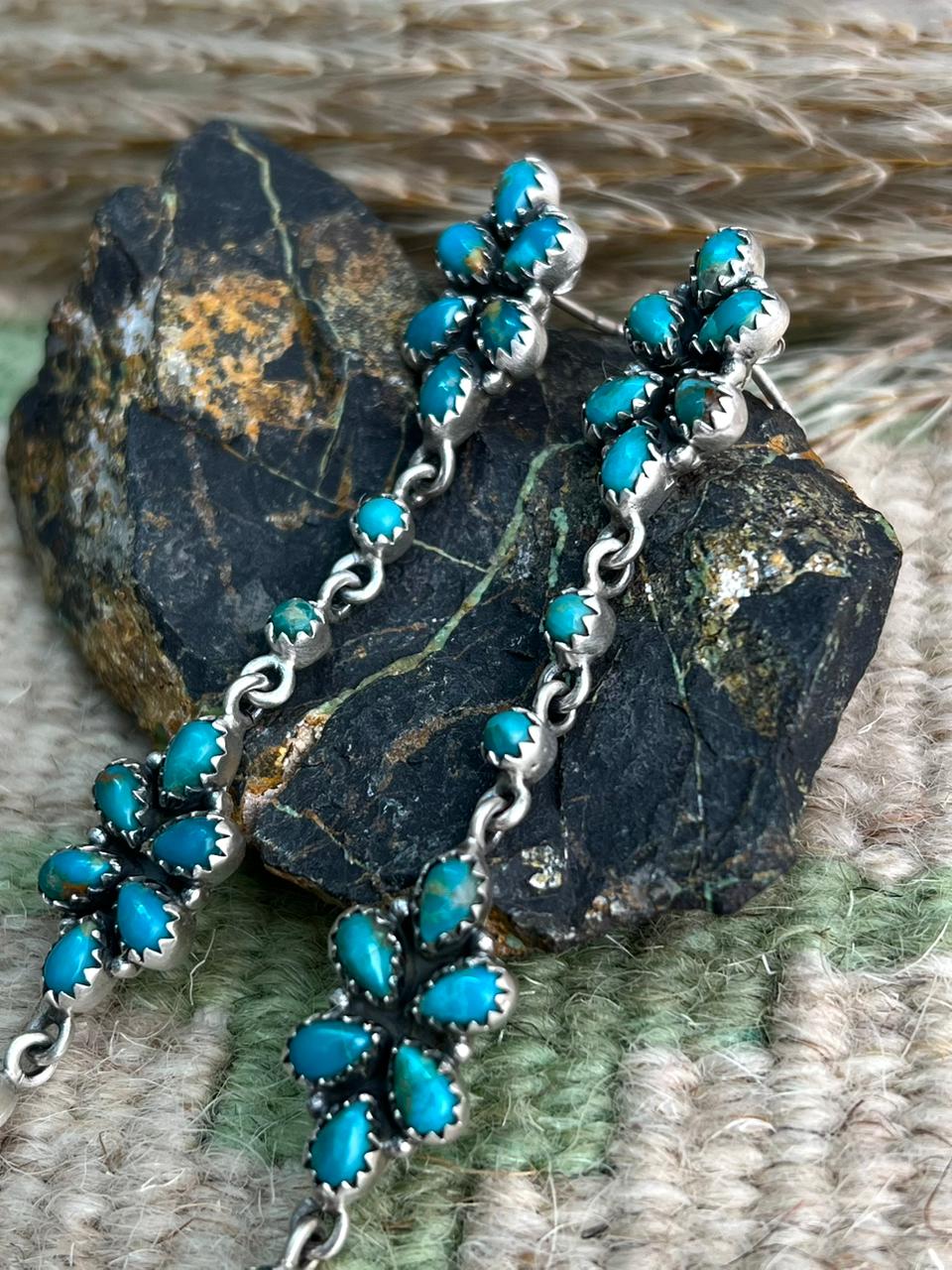 Handmade Sterling Silver Kingman Turquoise Post Dangle Earrings "Signed Nizhoni"