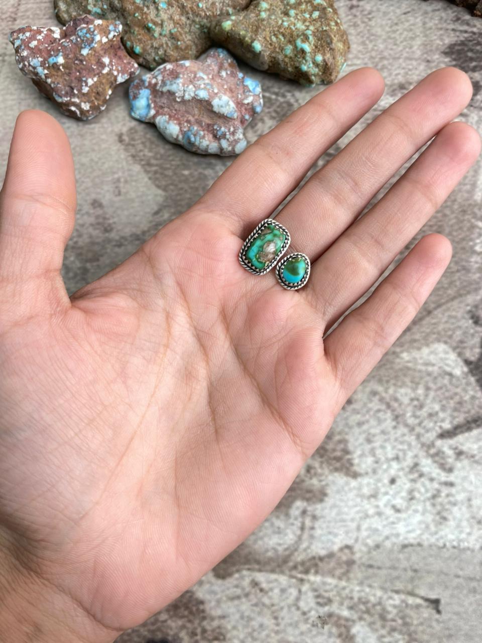 Handmade Sterling Silver Sonoran Mountain Turquoise Adjustable Ring with Signed Nizhoni