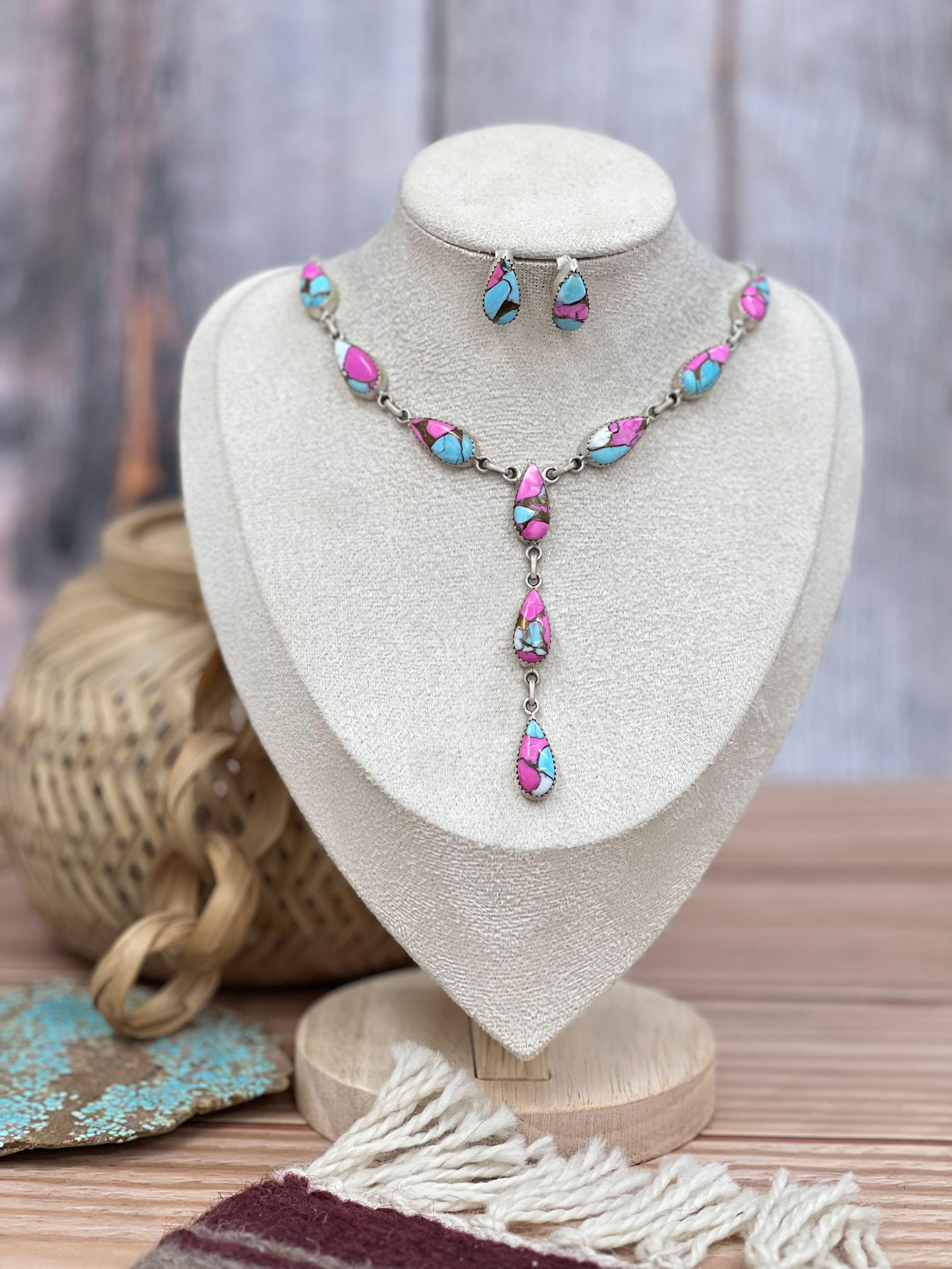 Handmade Sterling Silver Cotton Candy Turquoise Necklace Earrings Set, Signed Nizhoni