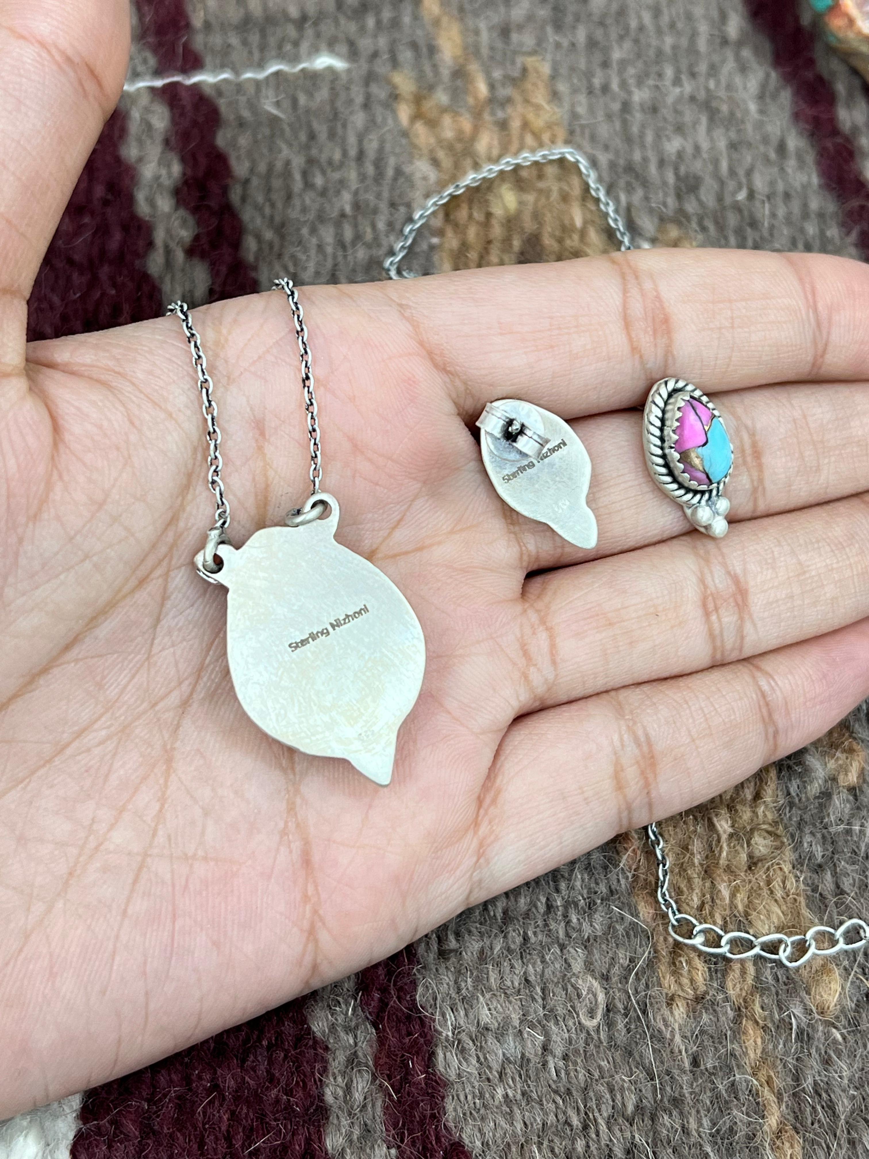 Handmade Sterling Silver Cotton Candy Turquoise Necklace Earrings Set, Signed Nizhoni