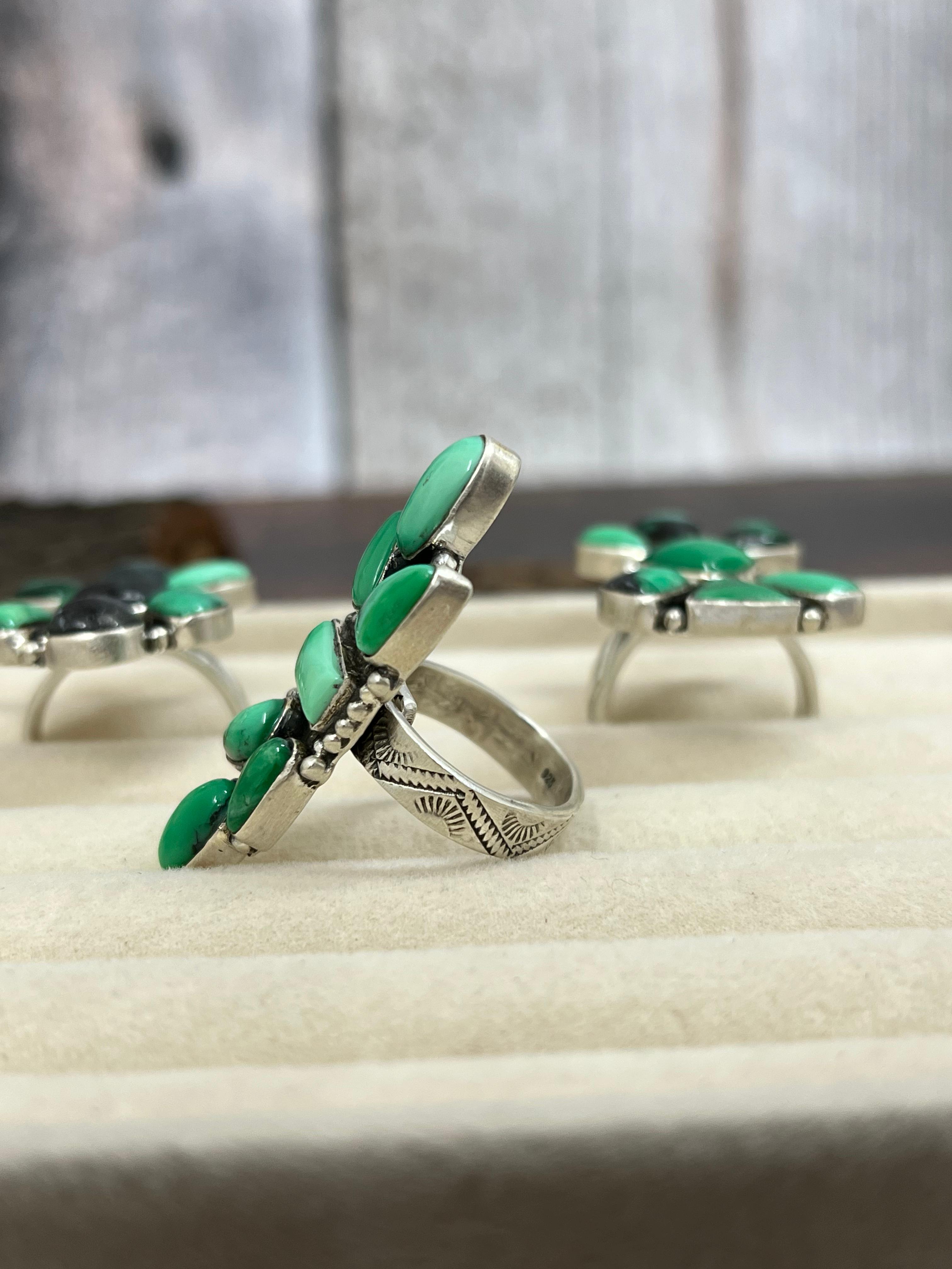 Handmade Sterling Silver Emerald Rose Variscite Adjustable Ring Signed Nizhoni