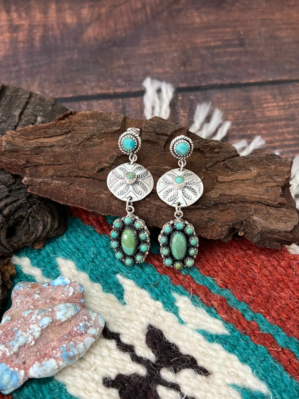 Handmade Sterling Silver Kingman Turquoise Post Dangle Earrings "Signed Nizhoni"