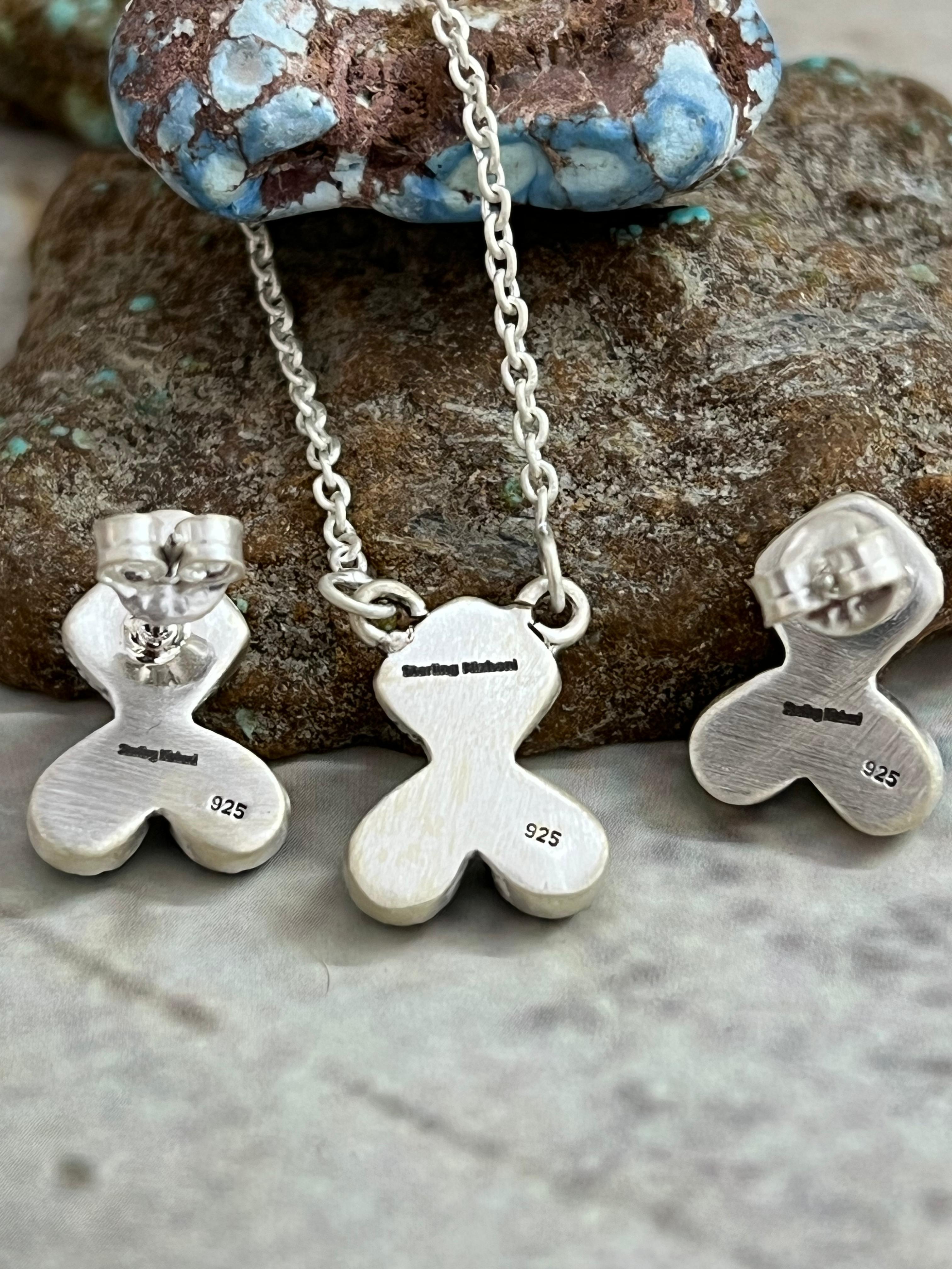 Handmade Sterling Silver White Buffalo with Kingman Necklace Earrings Set, Signed Nizhoni