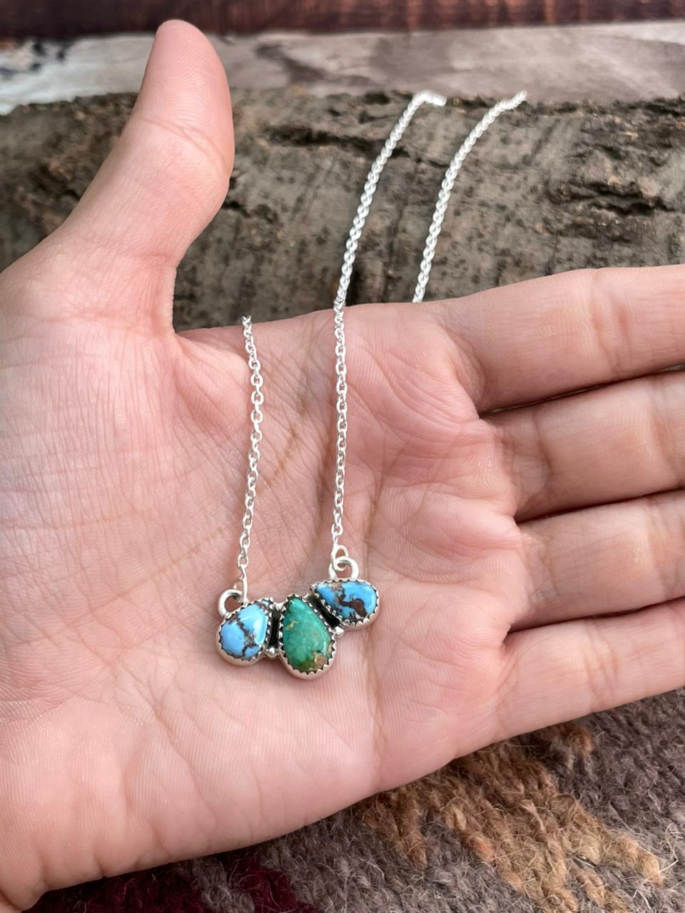 Handmade Sterling Silver Golden Hills Turquoise with Sonoran Mountain Turquoise Necklace "Signed Nizhoni"